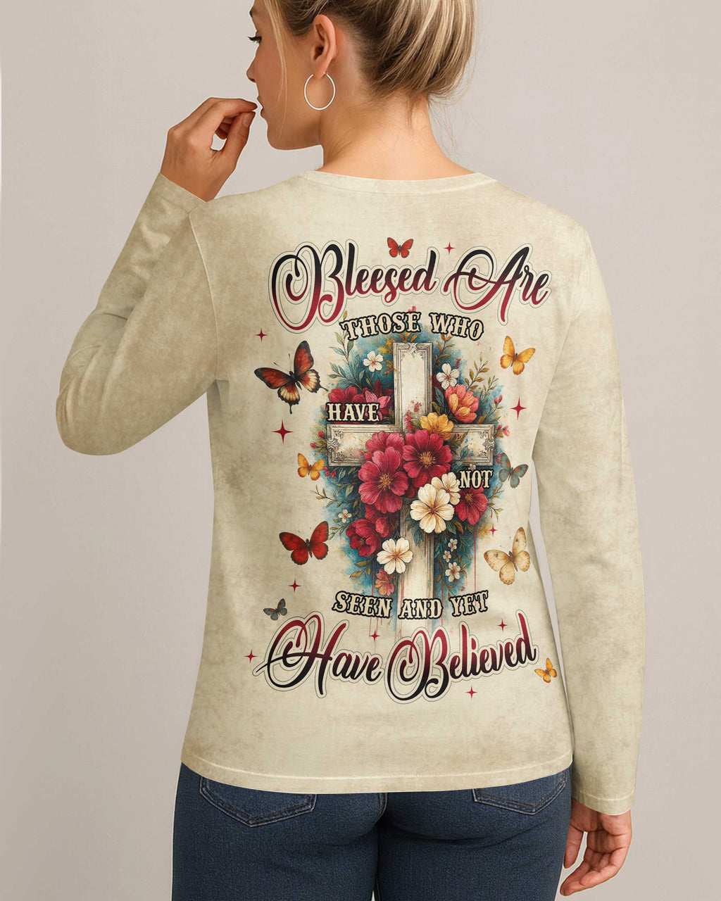Blessed Are Those Who Have Not Seen And Yet Have Believed All Over Print V-neck Long Sleeves Shirt