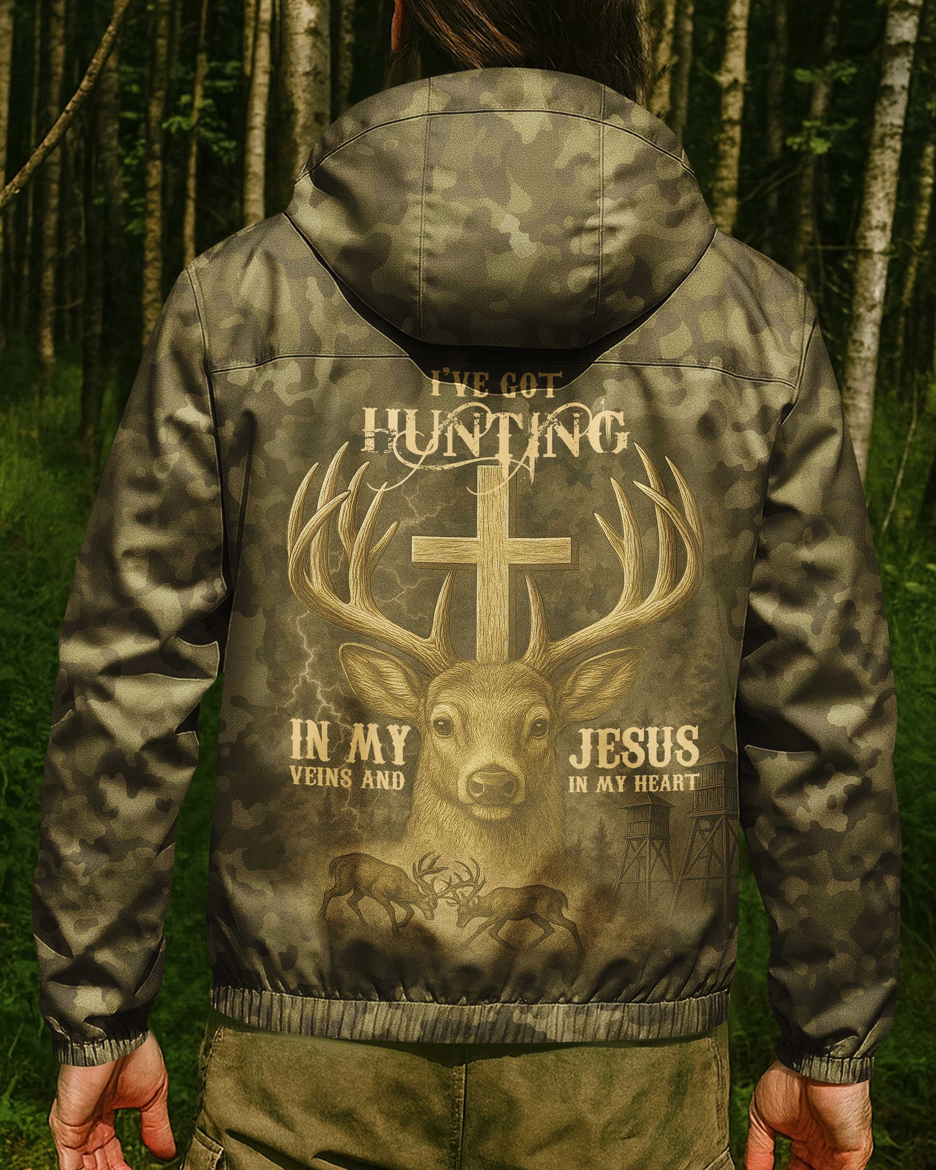 I've Got Hunting In My Veins And Jesus In My Heart All Over Print Outdoor Jacket