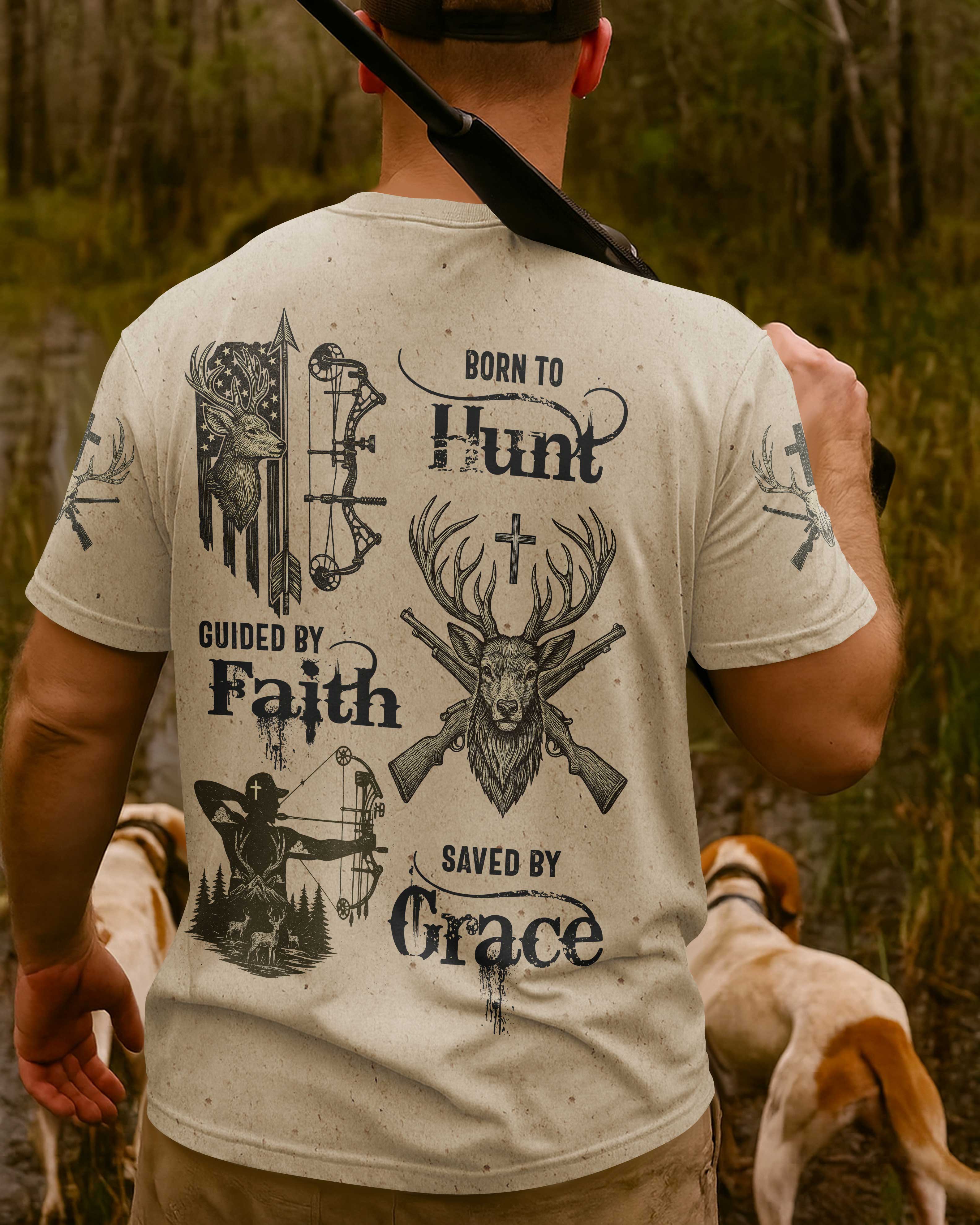 Born To Hunt Guided By Faith Saved By Grace Custom Name T-Shirt