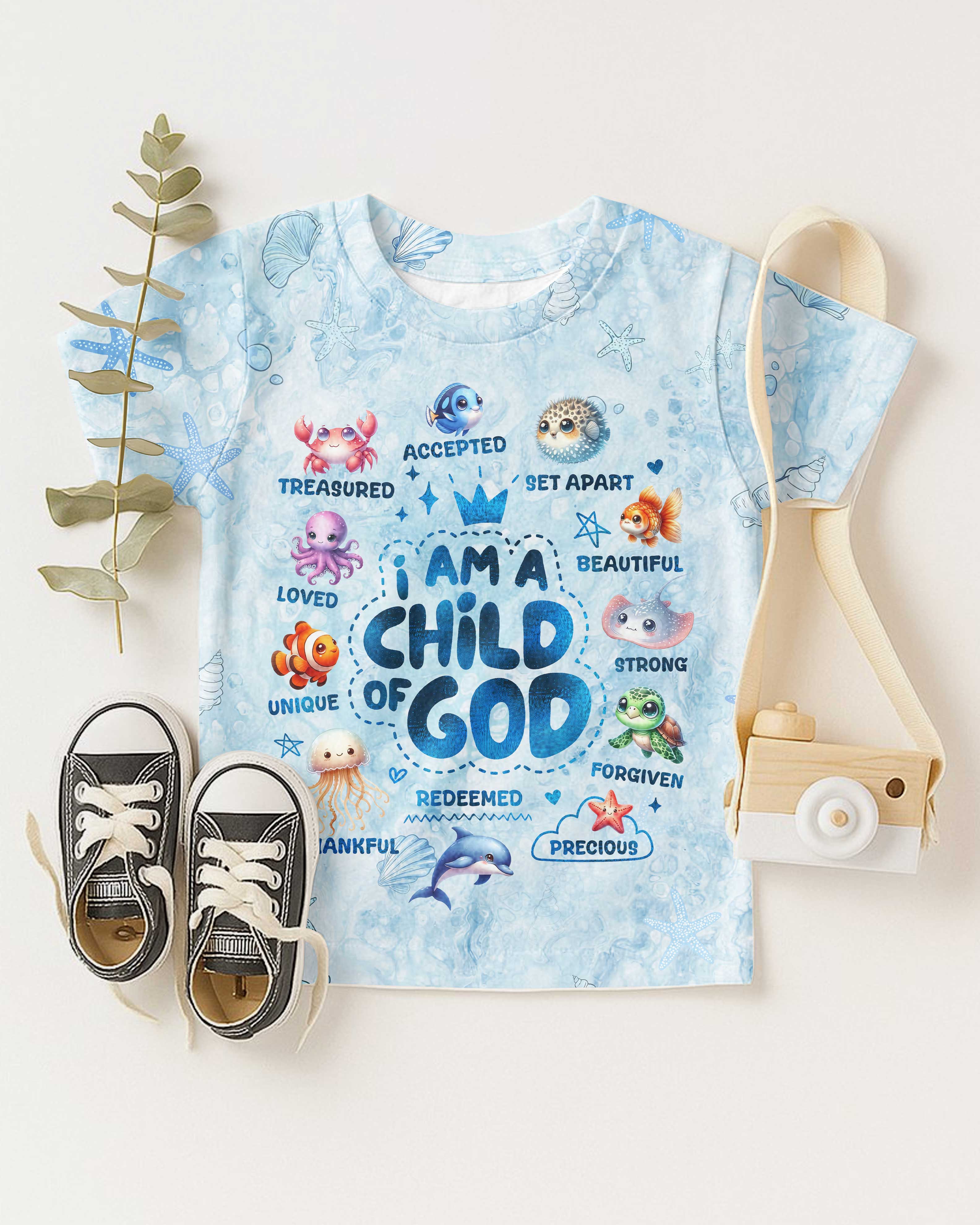 I Am A Child Of God All Ocean Animals Over Print T-Shirt Kid