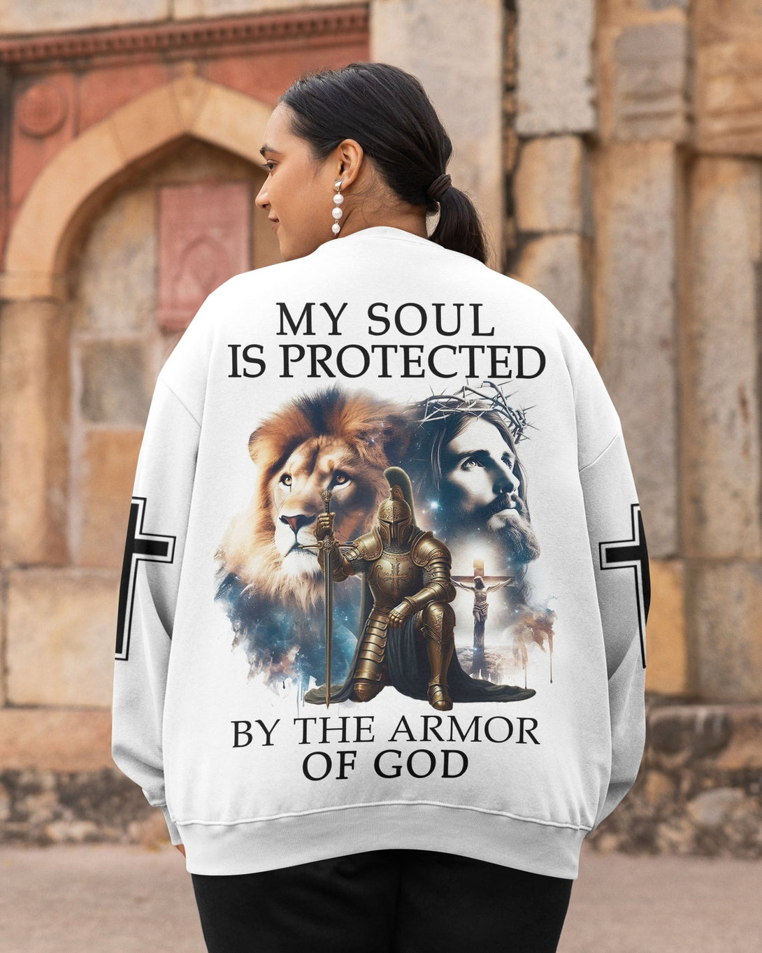 My Soul Is Protected By The Armor Of God All Over Print Sweater - Christ Color