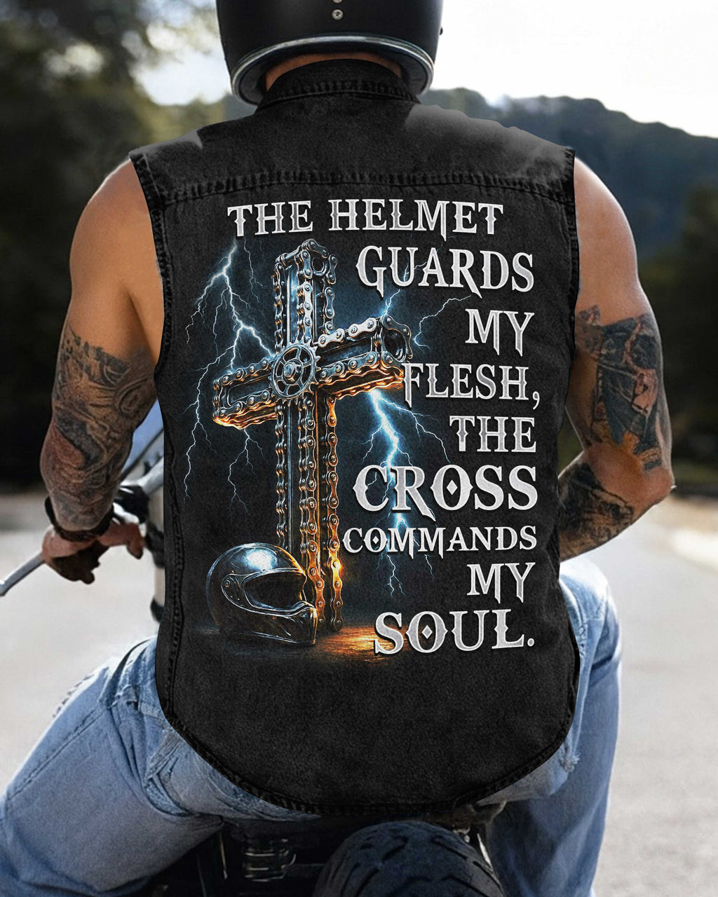 The Helmet Guards My Flesh Sleevesless Denim T-Shirt