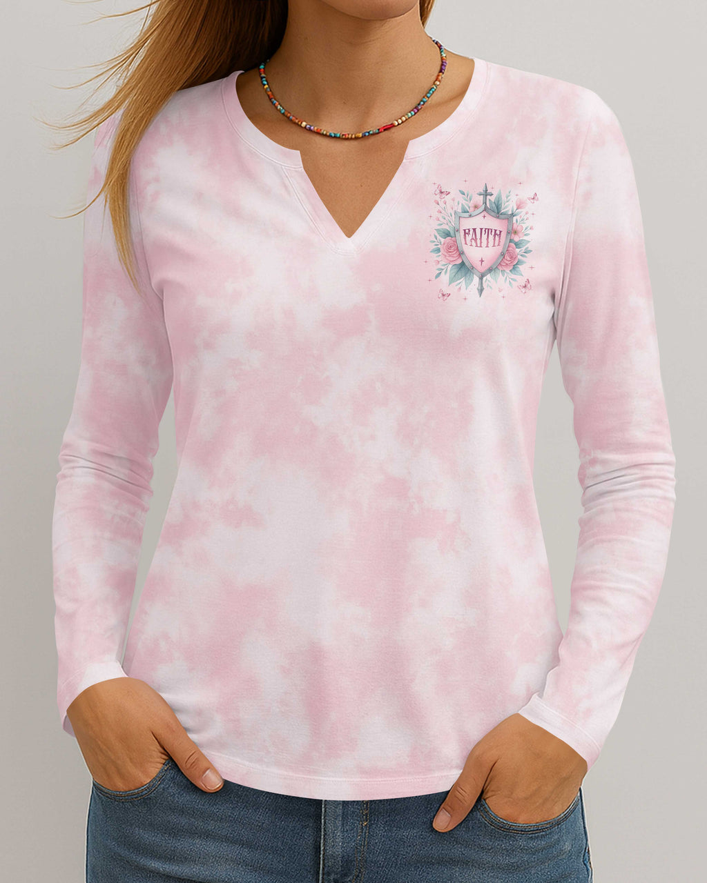 Protected By Faith Power By Love All Over Print V-neck Long Sleeves Shirt