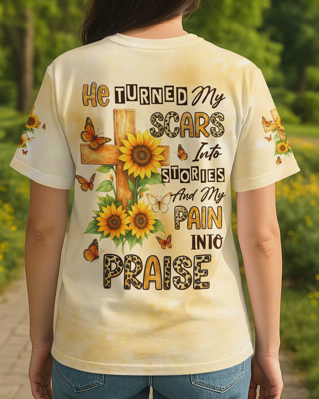 He Turned My Scars Into Stories All Over Print T-Shirt