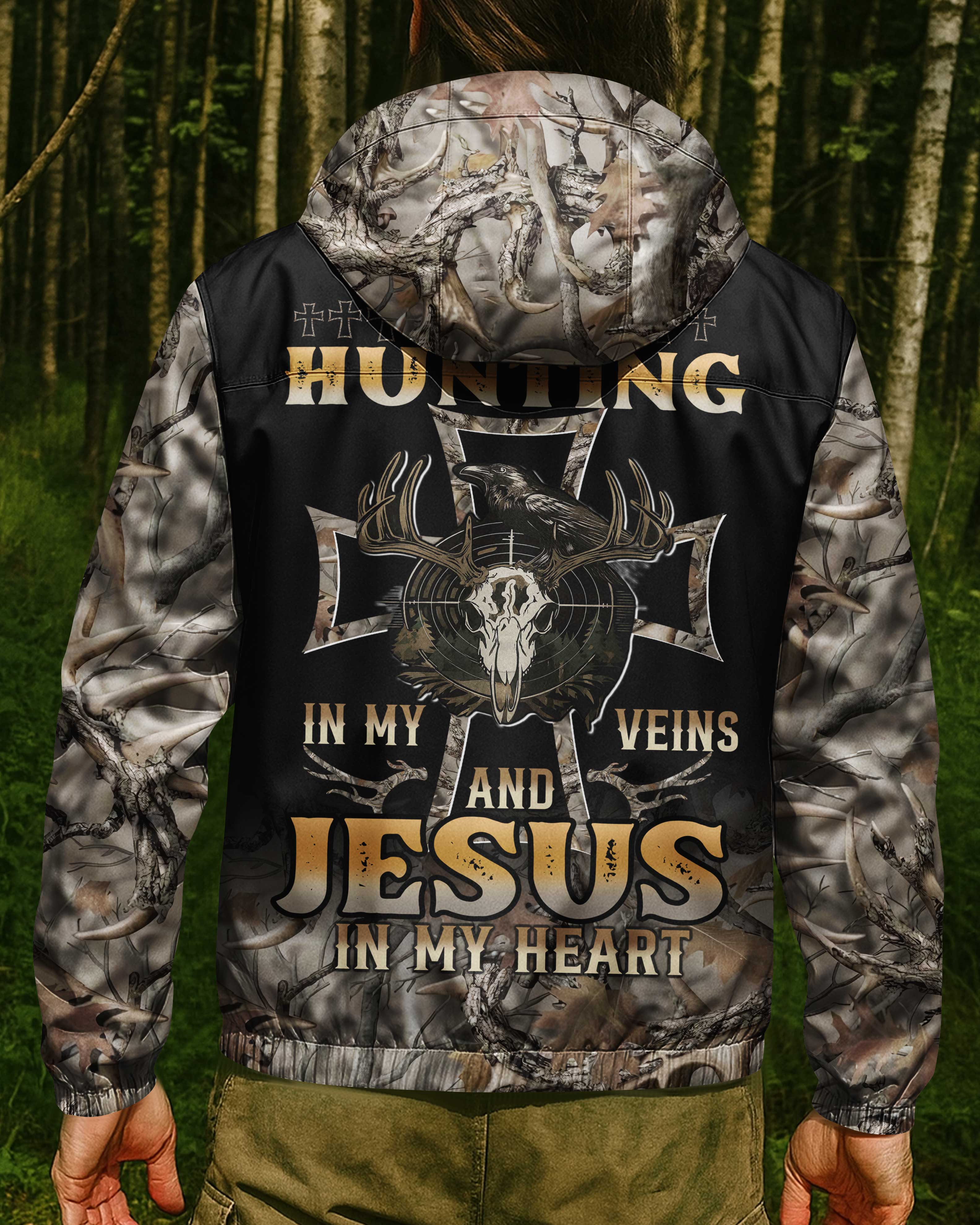 Hunting In My Veins And Jesus In My Heart All Over Print Outdoor Jacket