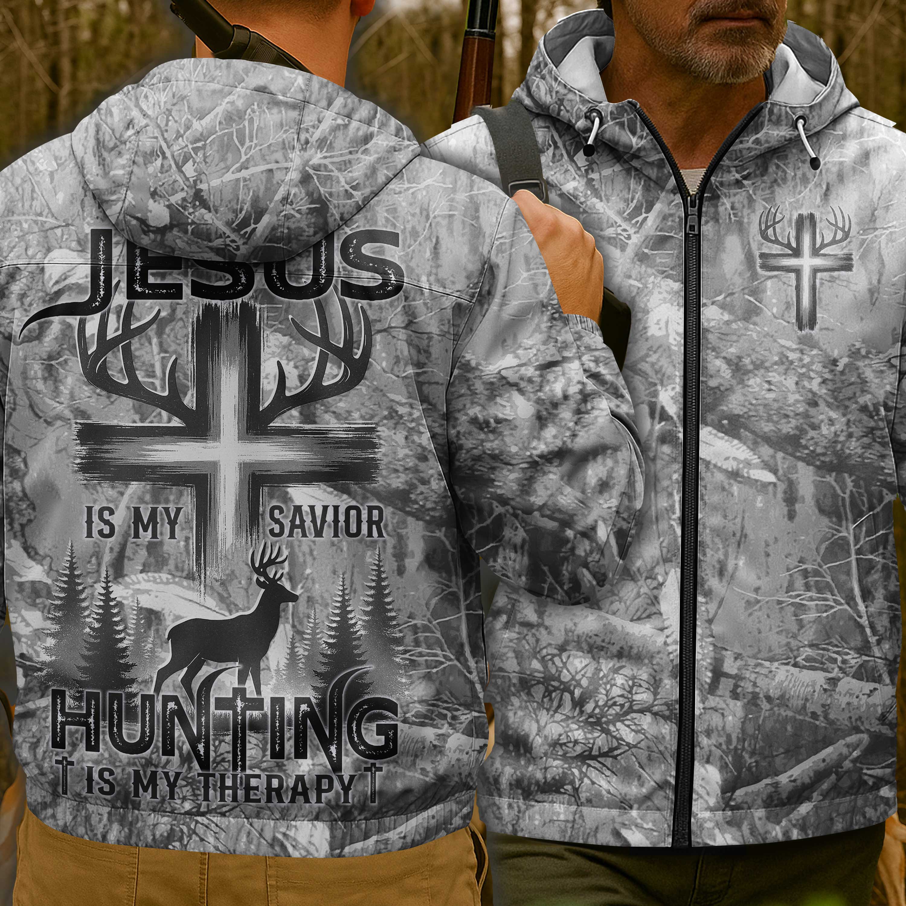 Custom Jesus is my savior Hunting is my therapy All Over Print Outdoor Jacket