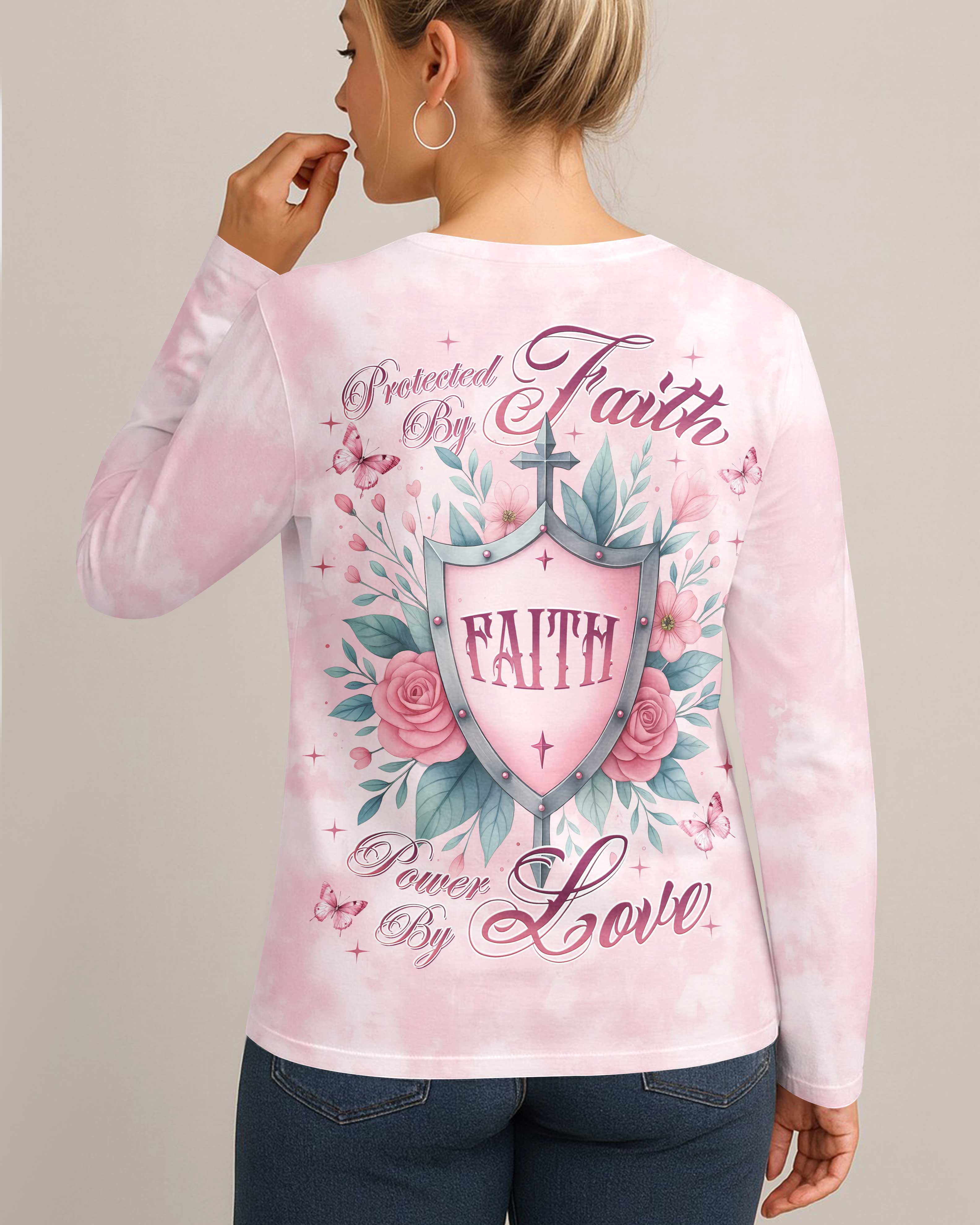 Protected By Faith Power By Love All Over Print V-neck Long Sleeves Shirt