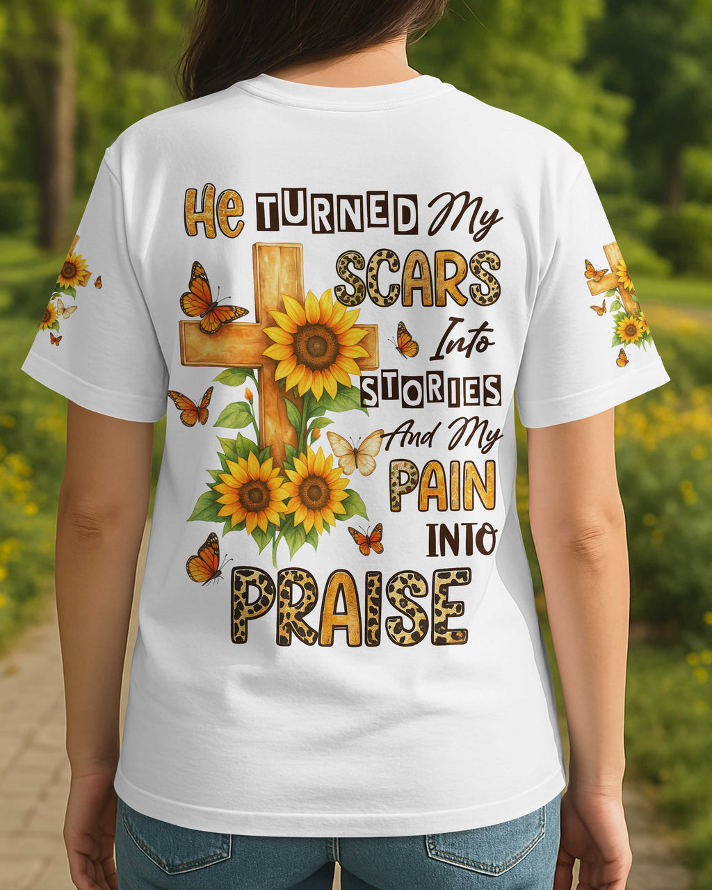 He Turned My Scars Into Stories All Over Print T-Shirt