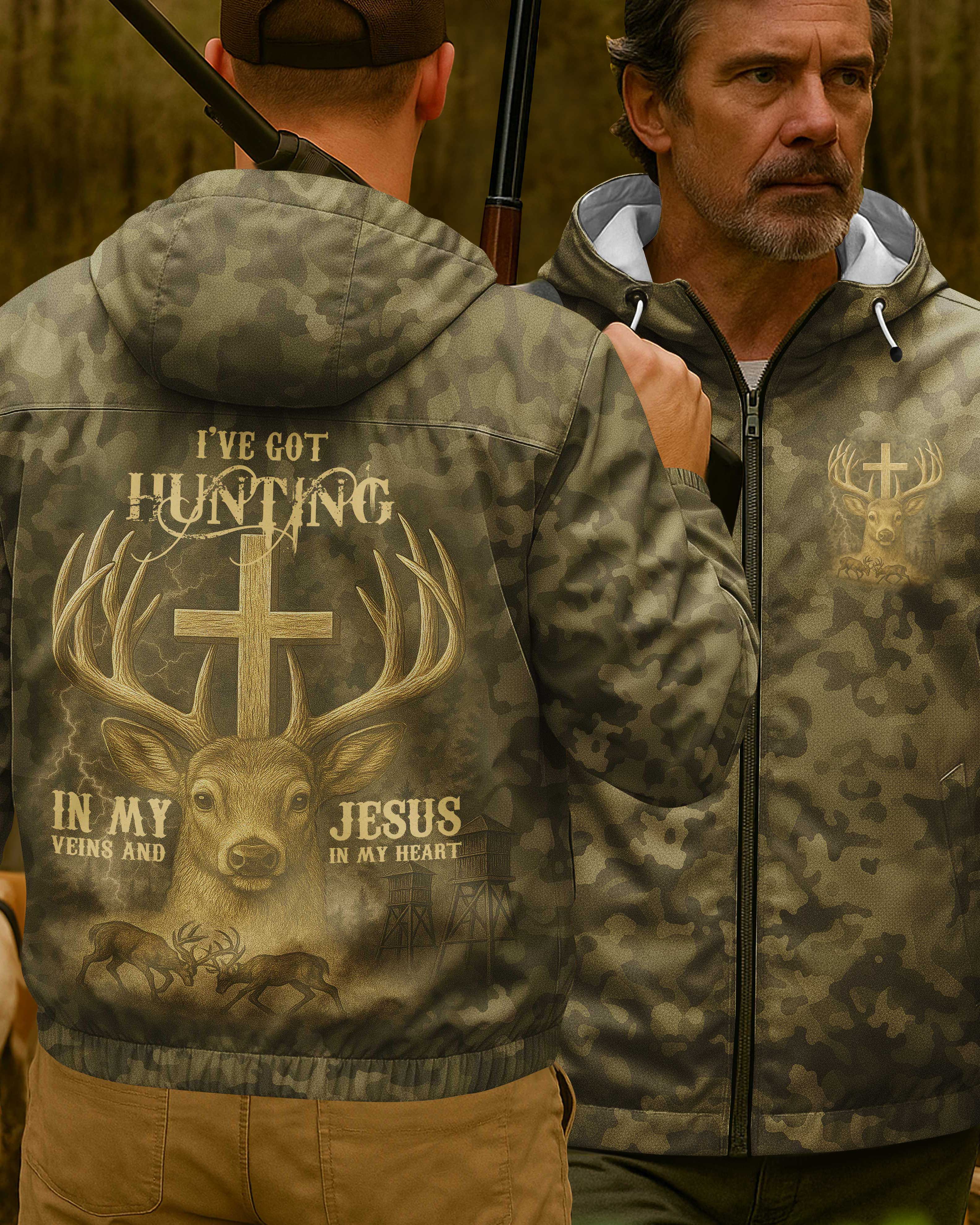 I've Got Hunting In My Veins And Jesus In My Heart All Over Print Outdoor Jacket