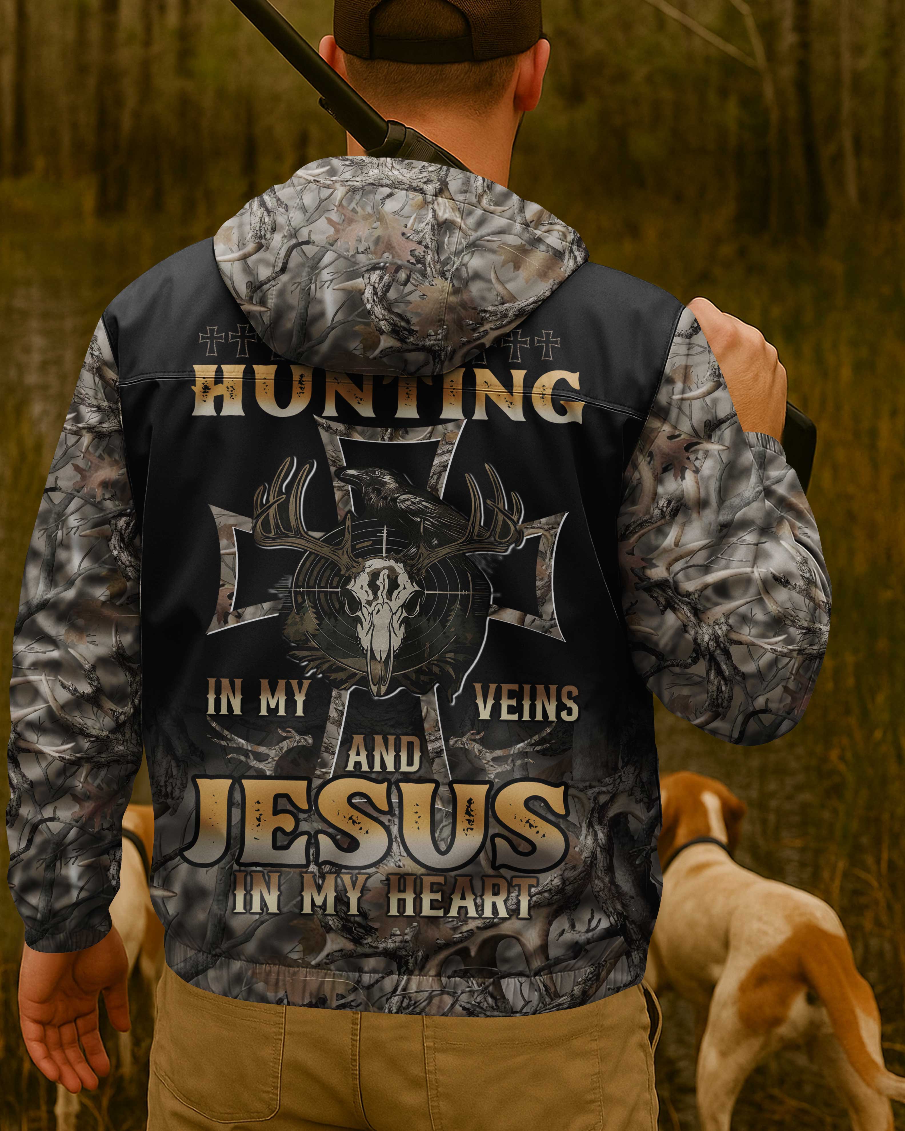 Hunting In My Veins And Jesus In My Heart All Over Print Outdoor Jacket