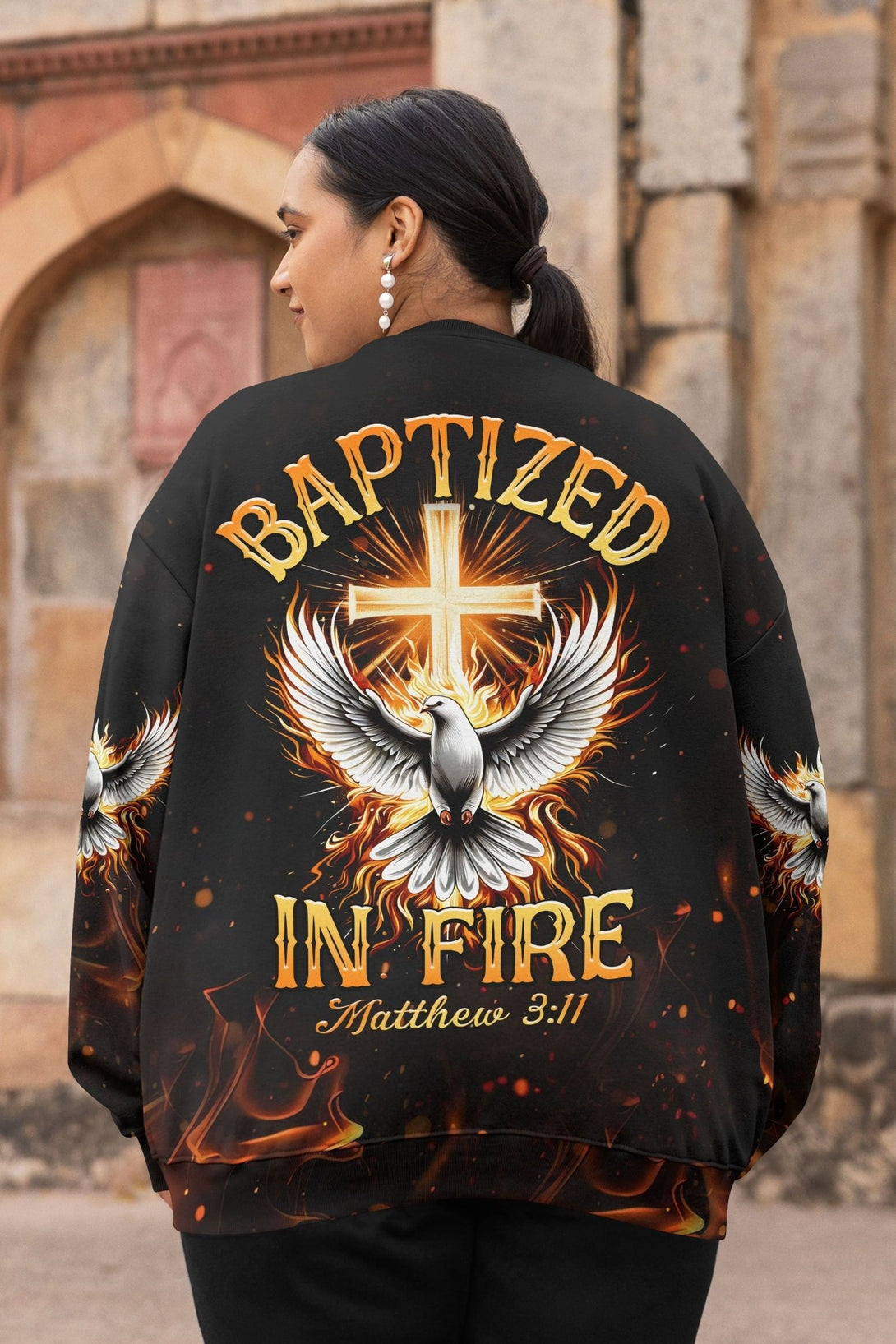 Baptized In Fire Matthew 3:11 All Over Print Sweater - Christ Color