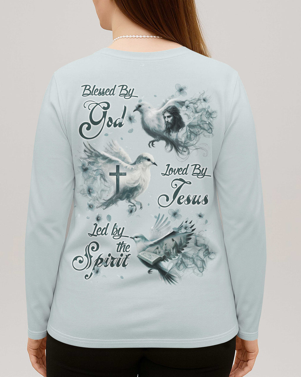 Blessed By God Loved By Jesus Led By The Spirit V-neck Long Sleeves Shirt