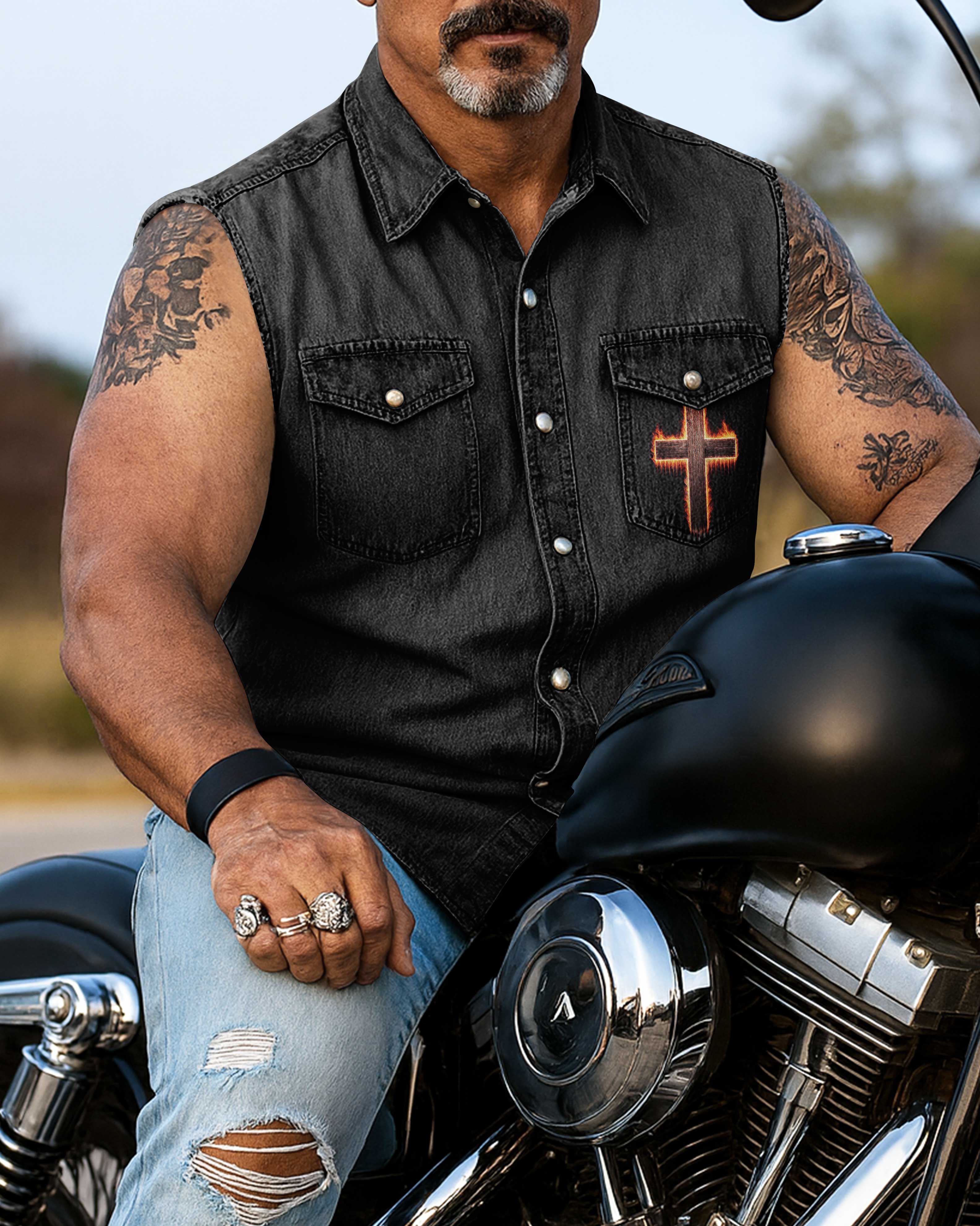 Two Wheels One Cross Sleevesless Denim T-Shirt