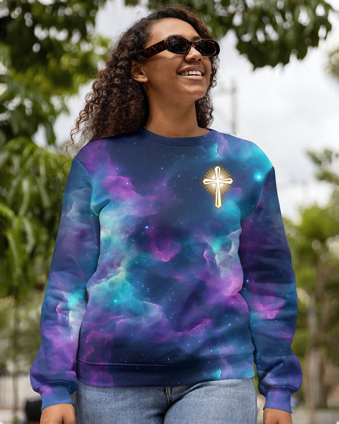 For We Walk By Faith Not By Sight All Over Print Sweater - Christ Color