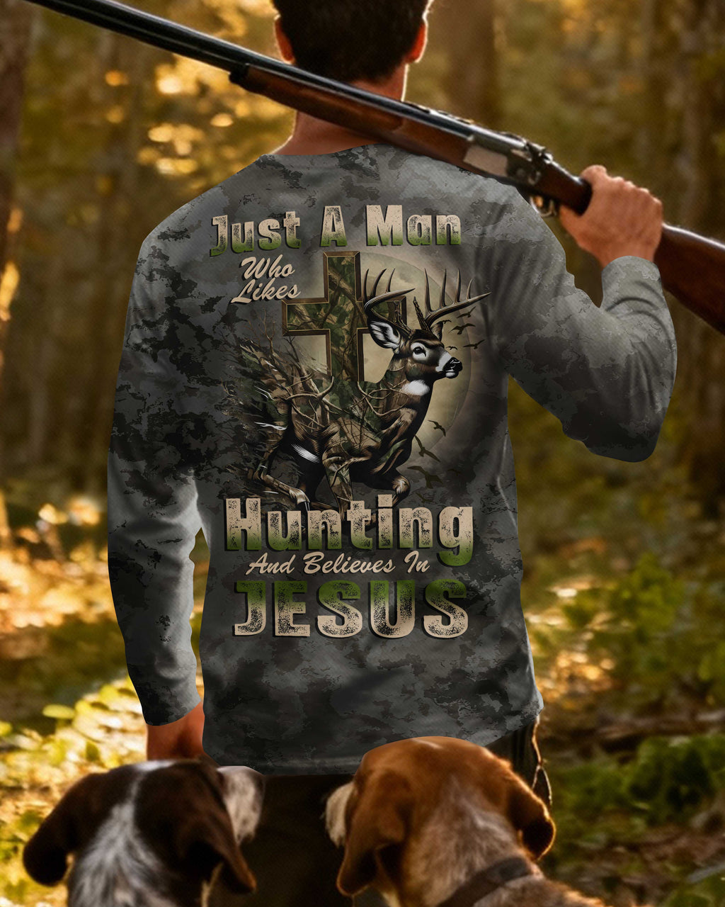 Just A Man Who Likes Hunting And Believes In Jesus All Over Print Long Sleeves T-Shirt