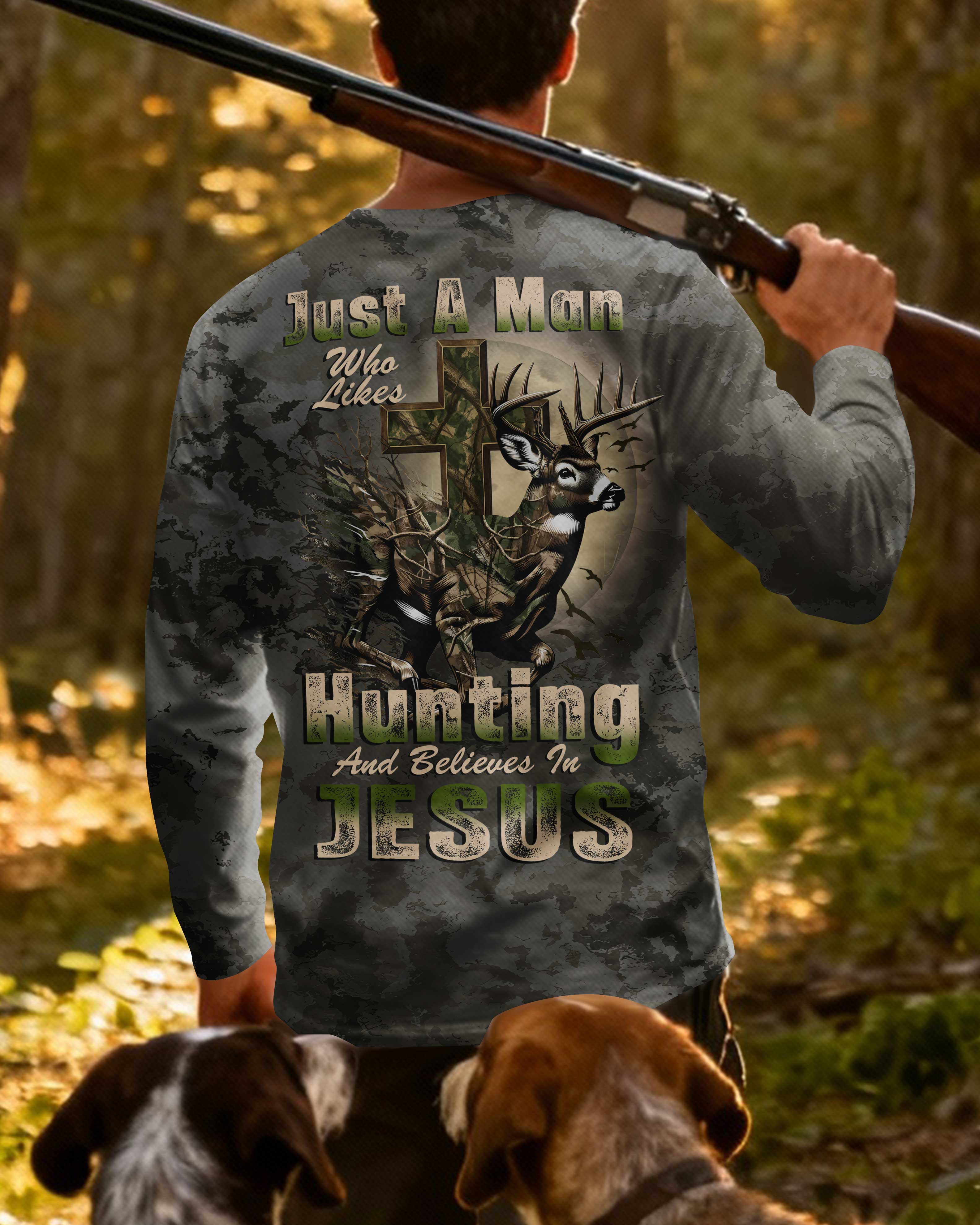 Just A Man Who Likes Hunting And Believes In Jesus All Over Print Long Sleeves T-Shirt