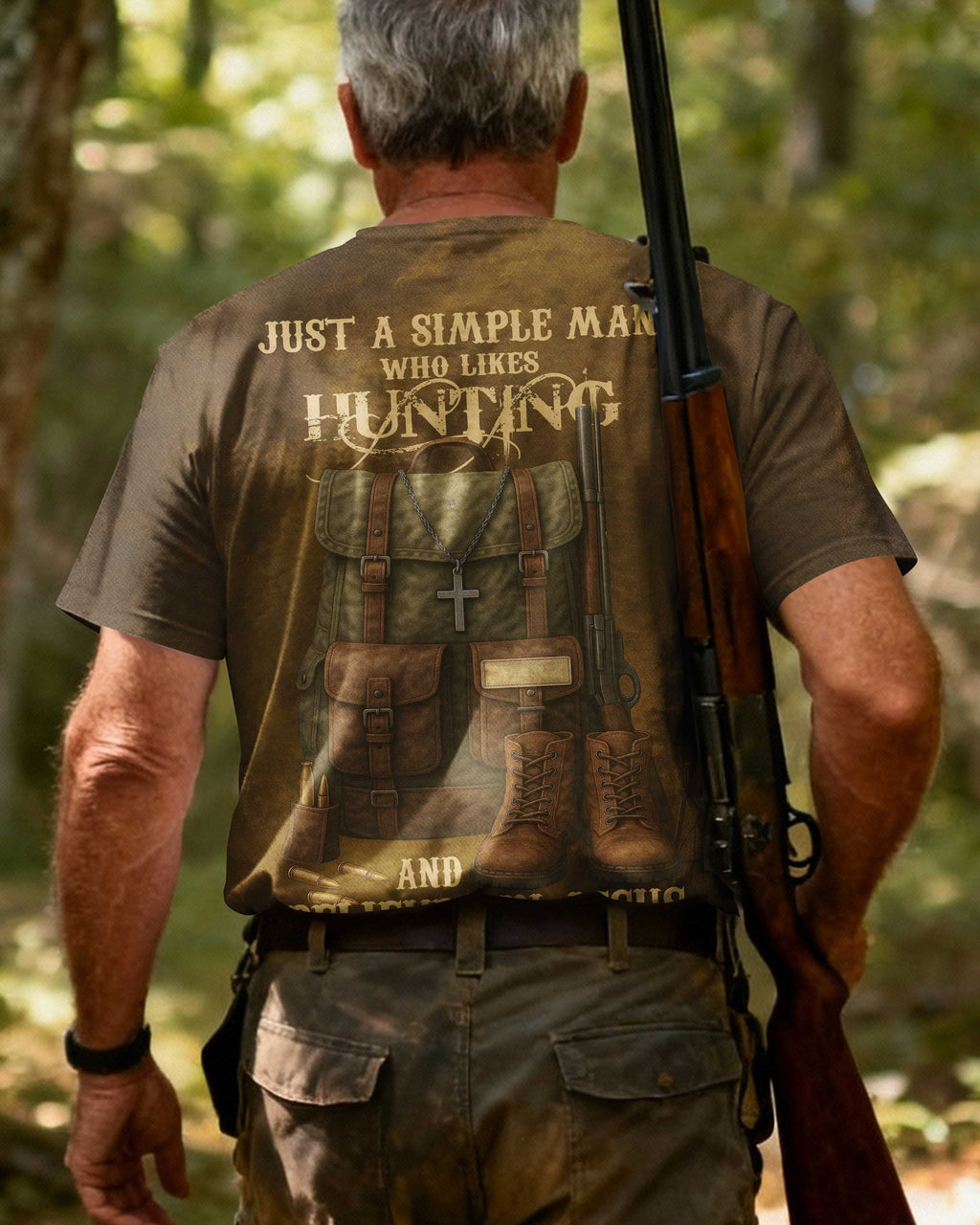 Just A Simple Man Who Likes Hunting And Believes In Jesus Custom Name T-Shirt