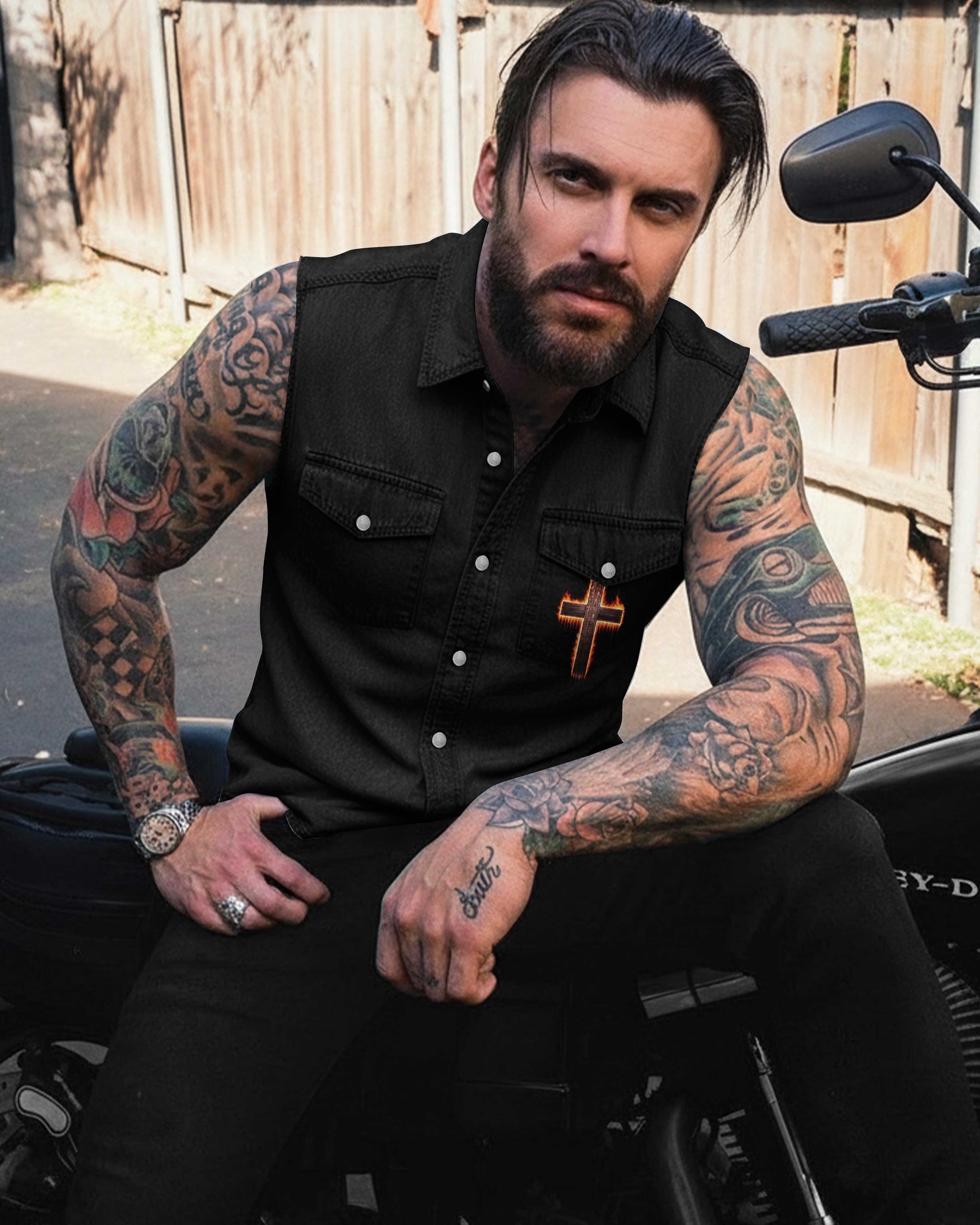 Two Wheels One Cross Sleevesless Denim T-Shirt