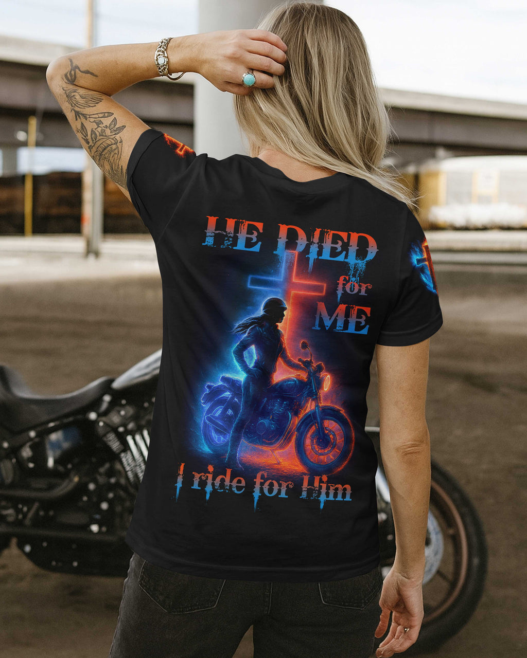 He Died For Me I Ride For Him All Over Print T-Shirt