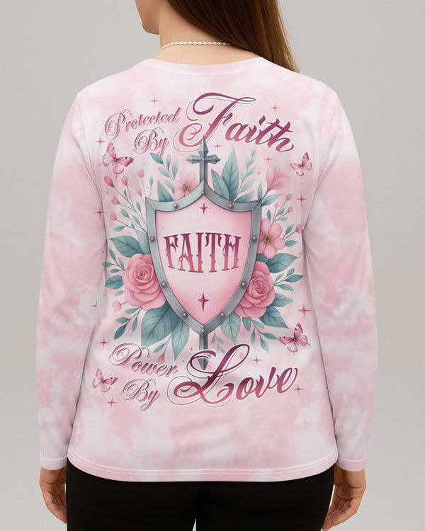 Protected By Faith Power By Love All Over Print V-neck Long Sleeves Shirt