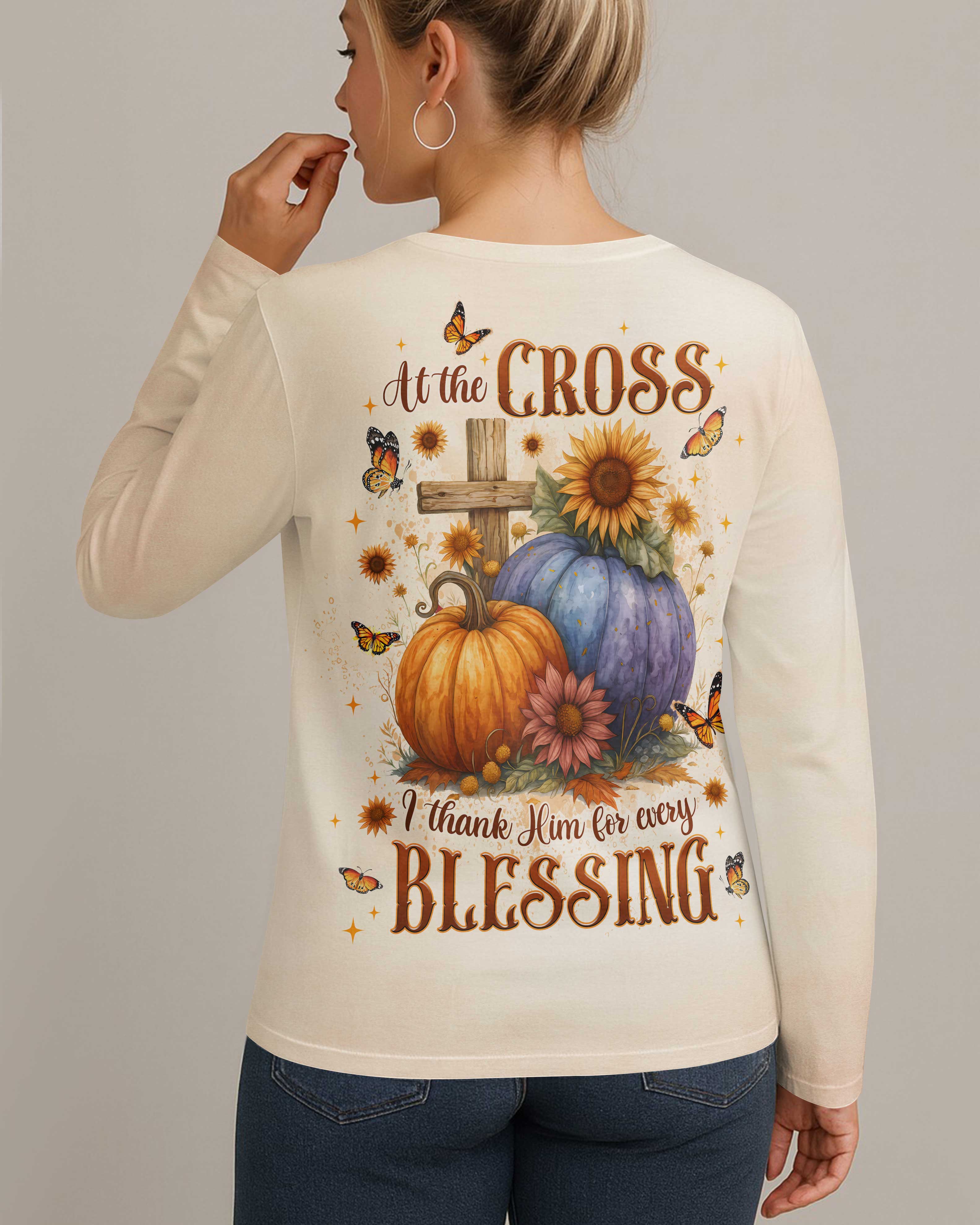 At The Cross I Thank Him For Every Blessing V-neck Long Sleeves Shirt