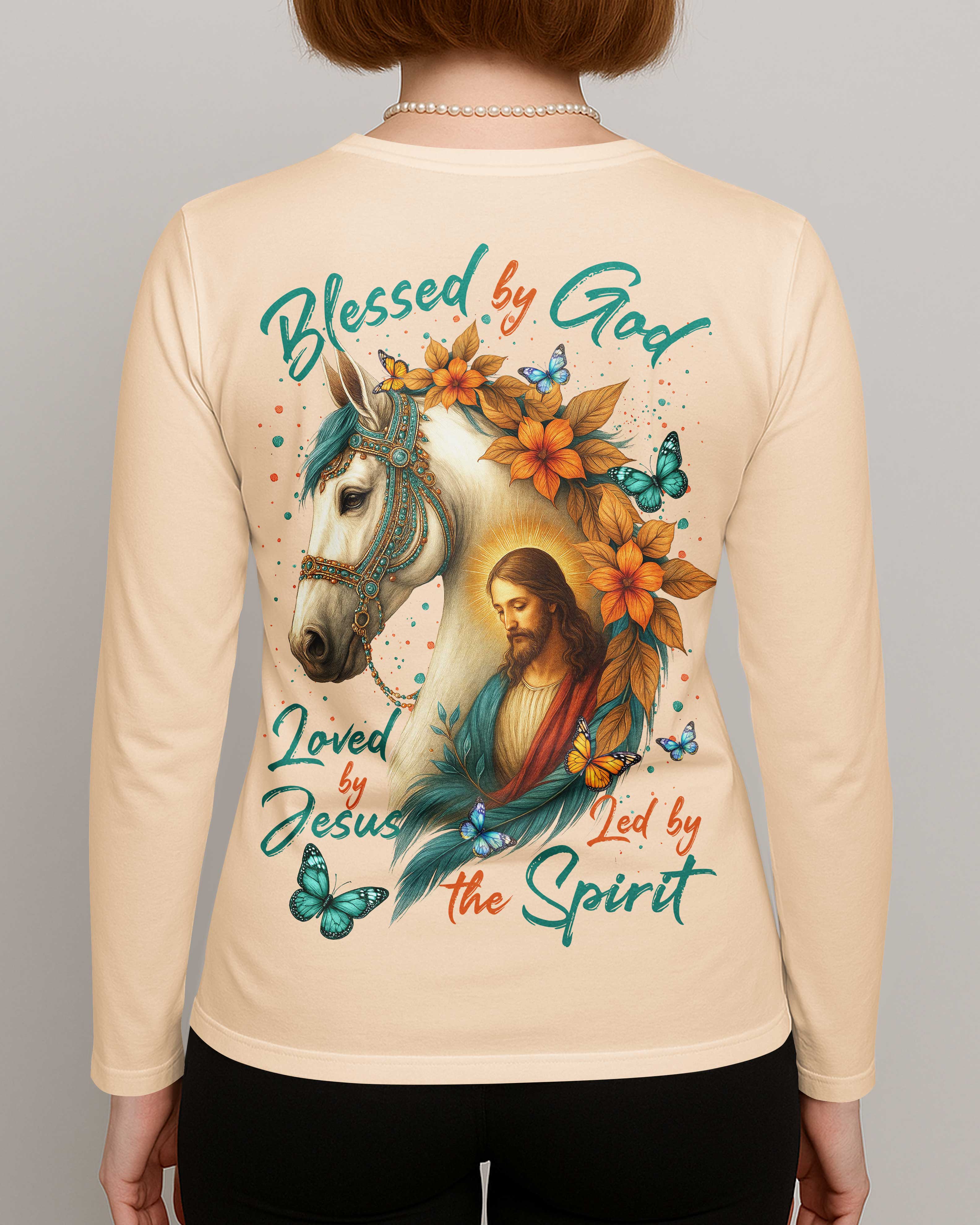 Blessed By God Loved By Jesus Led By The Spirit All Over Print V-neck Long Sleeves Shirt