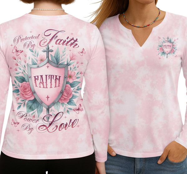 Protected By Faith Power By Love All Over Print V-neck Long Sleeves Shirt