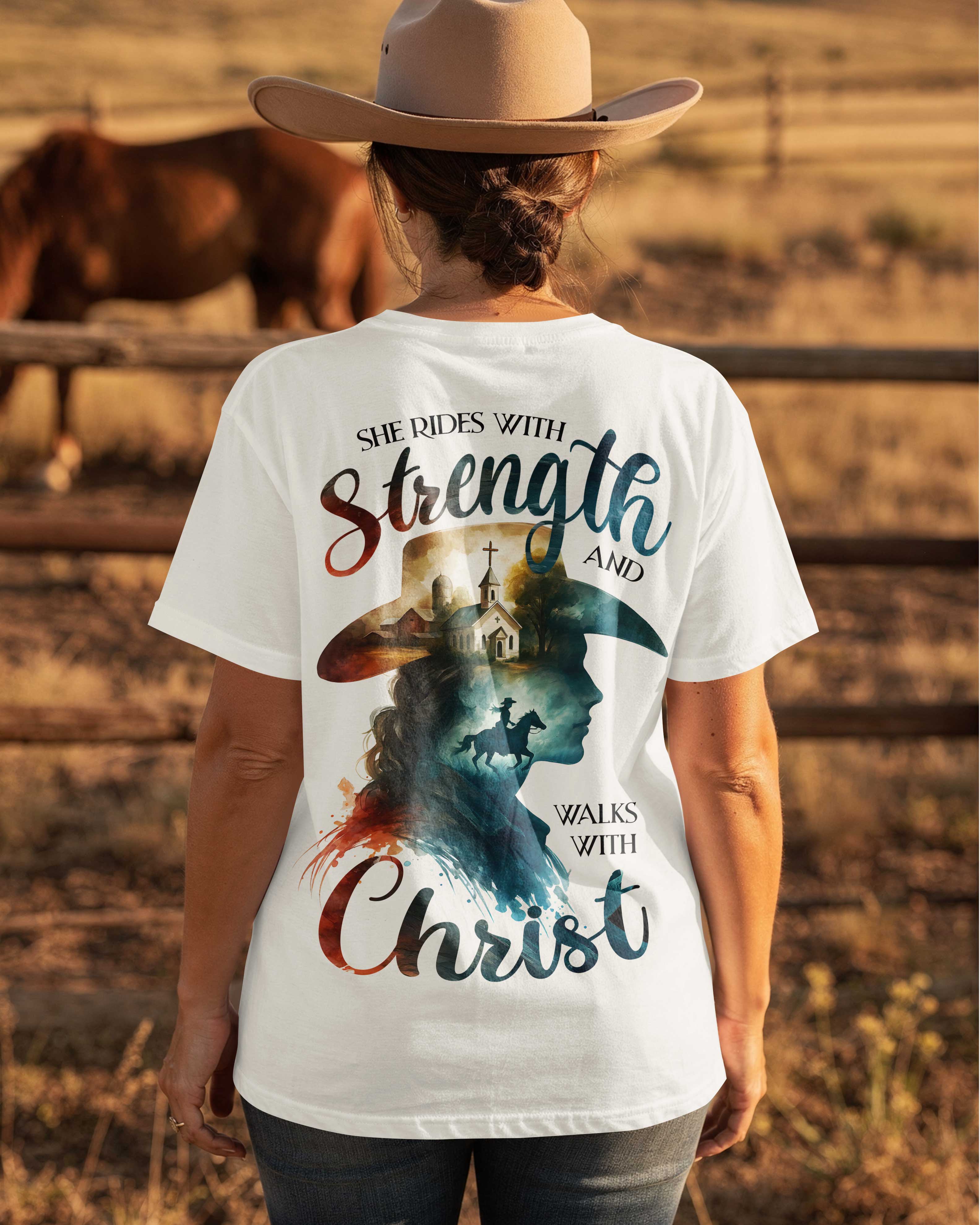 She Rides With Strength And Walks With Christ T-Shirt