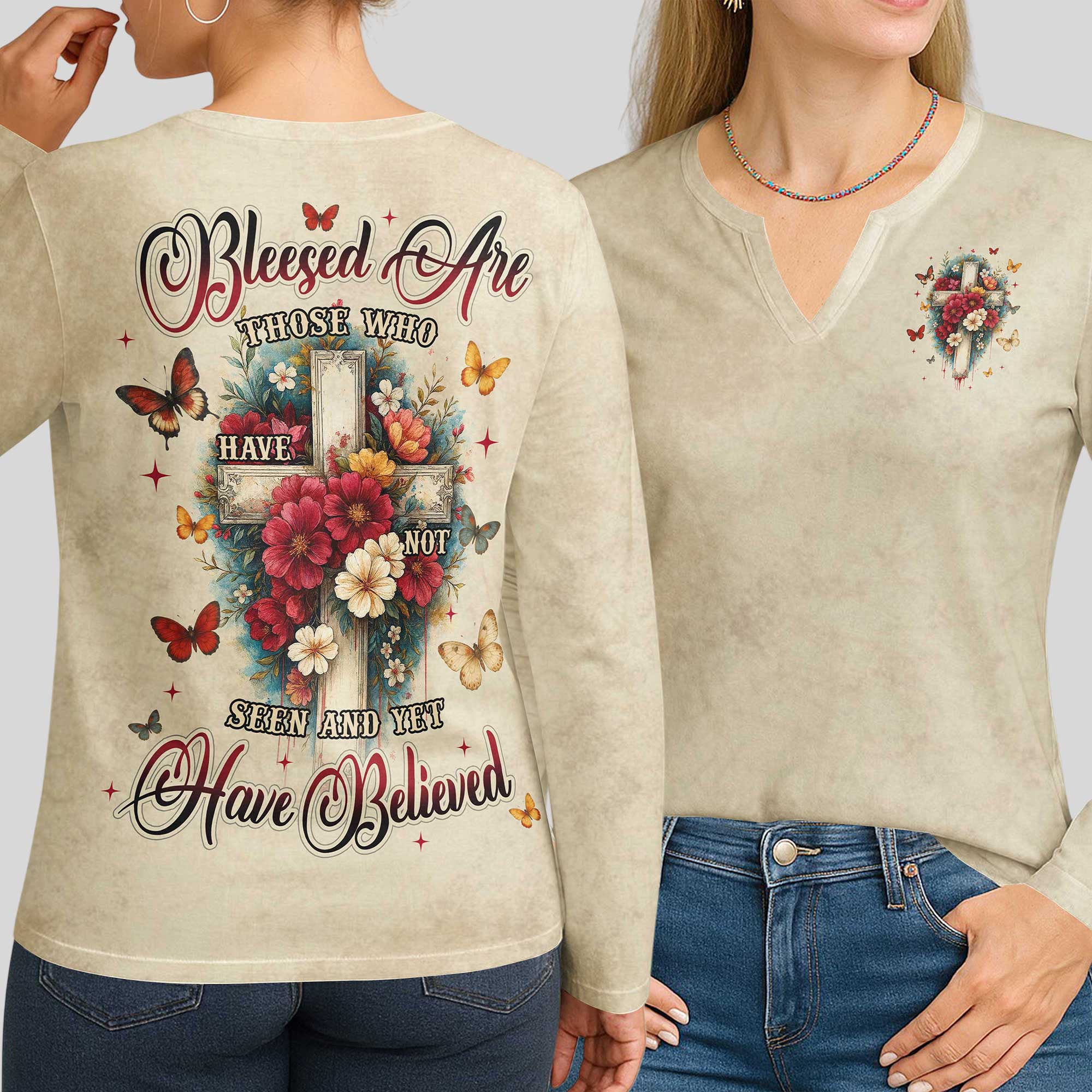 Blessed Are Those Who Have Not Seen And Yet Have Believed All Over Print V-neck Long Sleeves Shirt