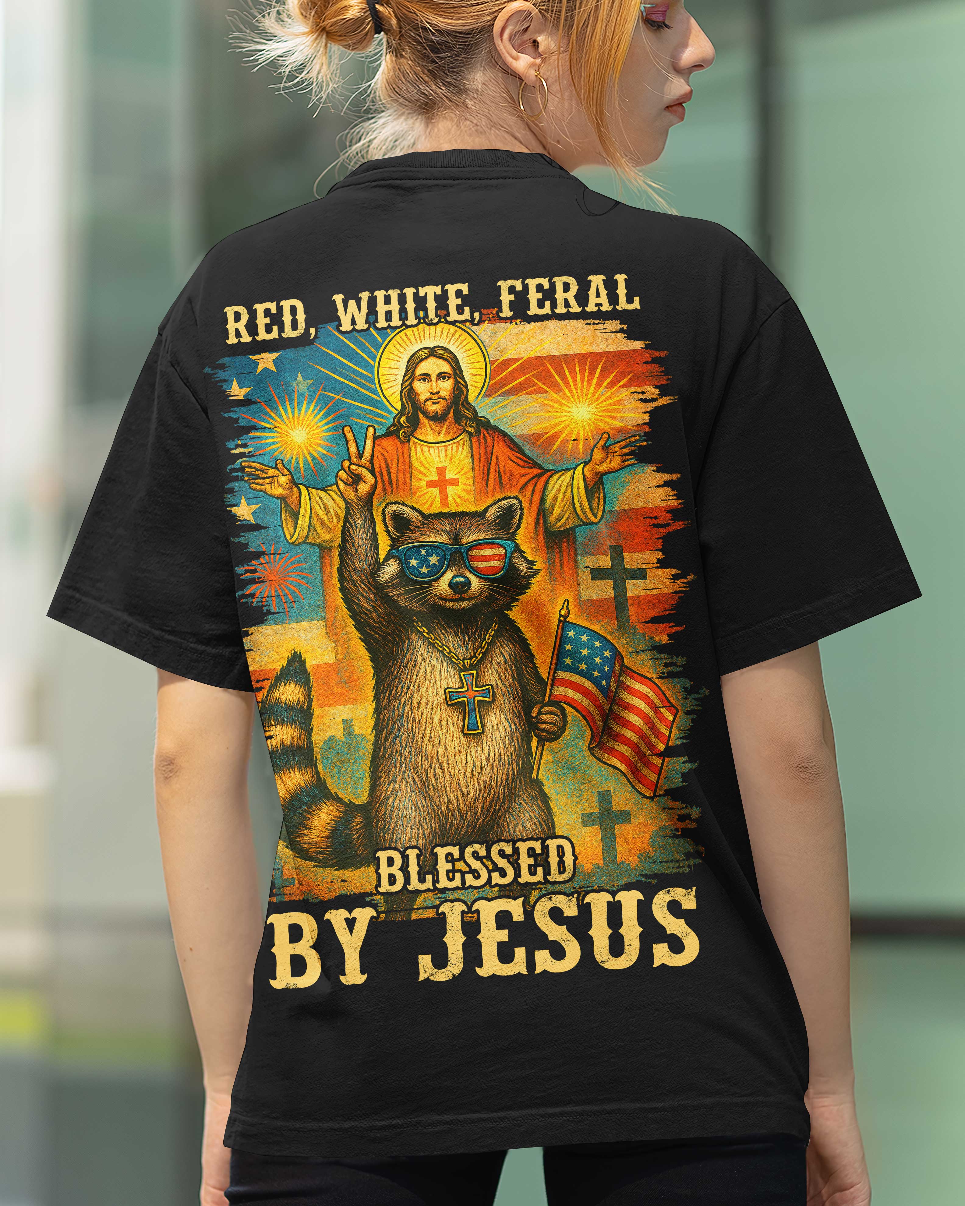 Red White Feral Blessed By Jesus All Over Print T-Shirt
