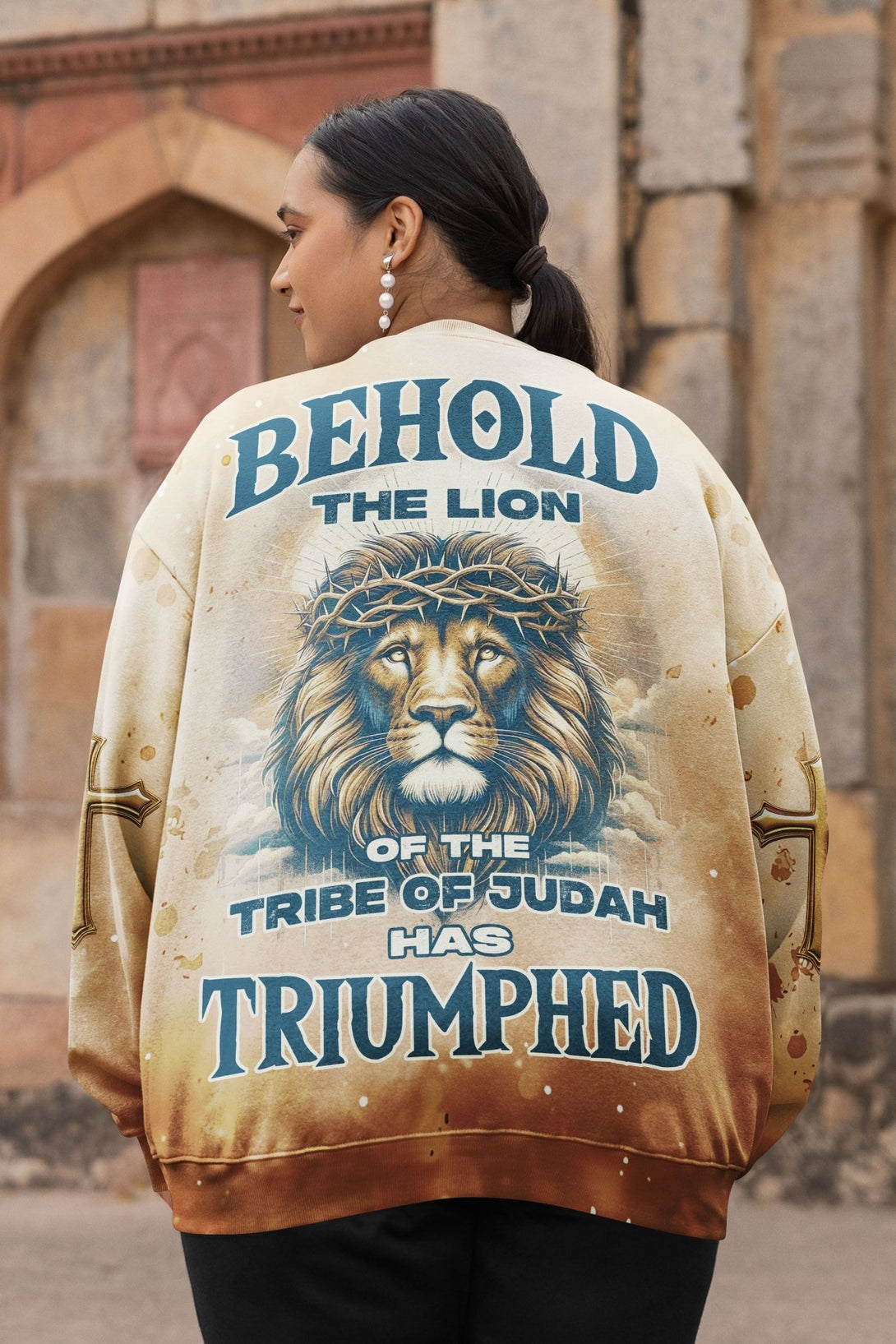 Behold The Lion Of The Tribe Of Judah Has Triumphed All Over Print Sweater - Christ Color