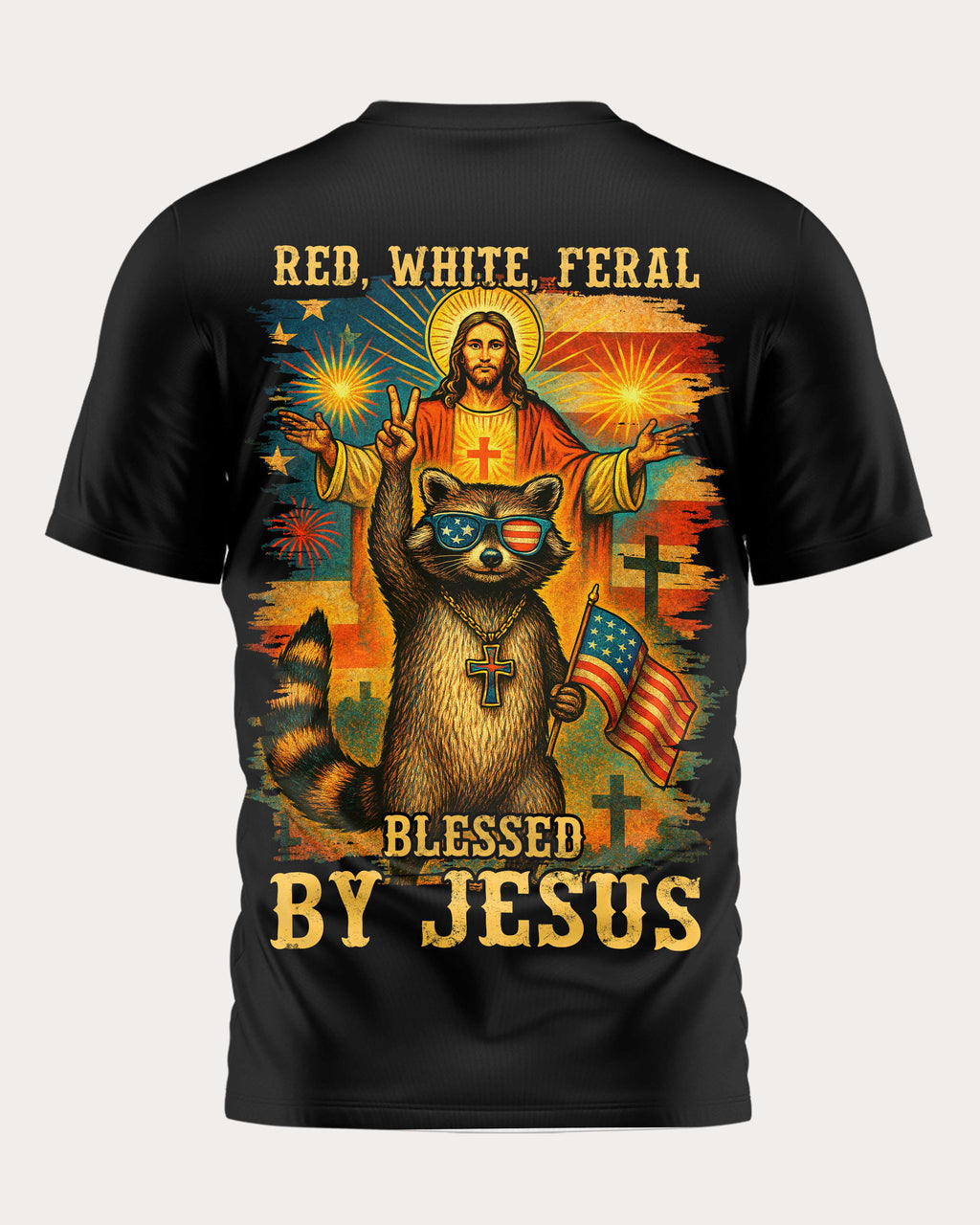 Red White Feral Blessed By Jesus All Over Print T-Shirt