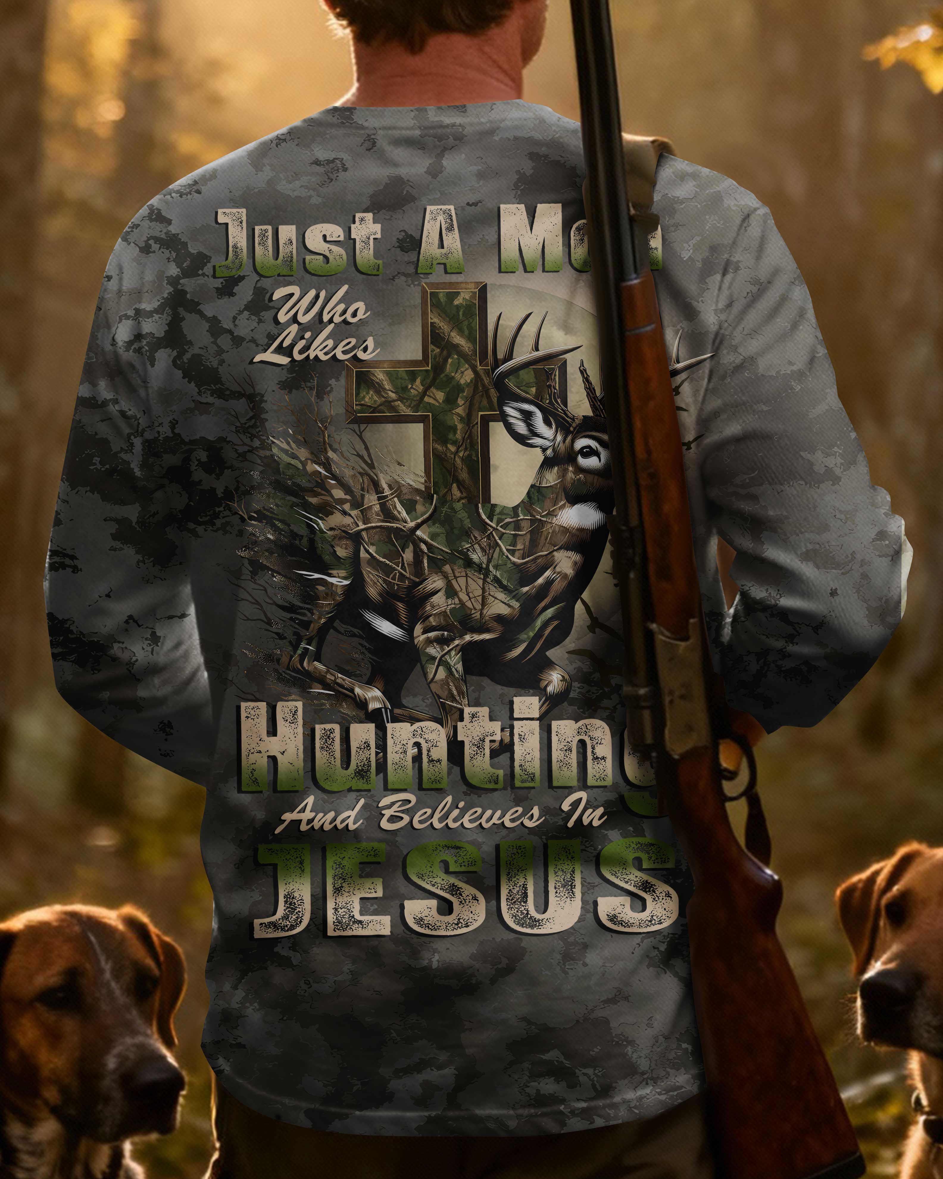 Just A Man Who Likes Hunting And Believes In Jesus All Over Print Long Sleeves T-Shirt