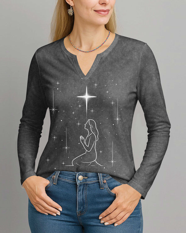 No Text All Over Print V-neck Long Sleeves Shirt