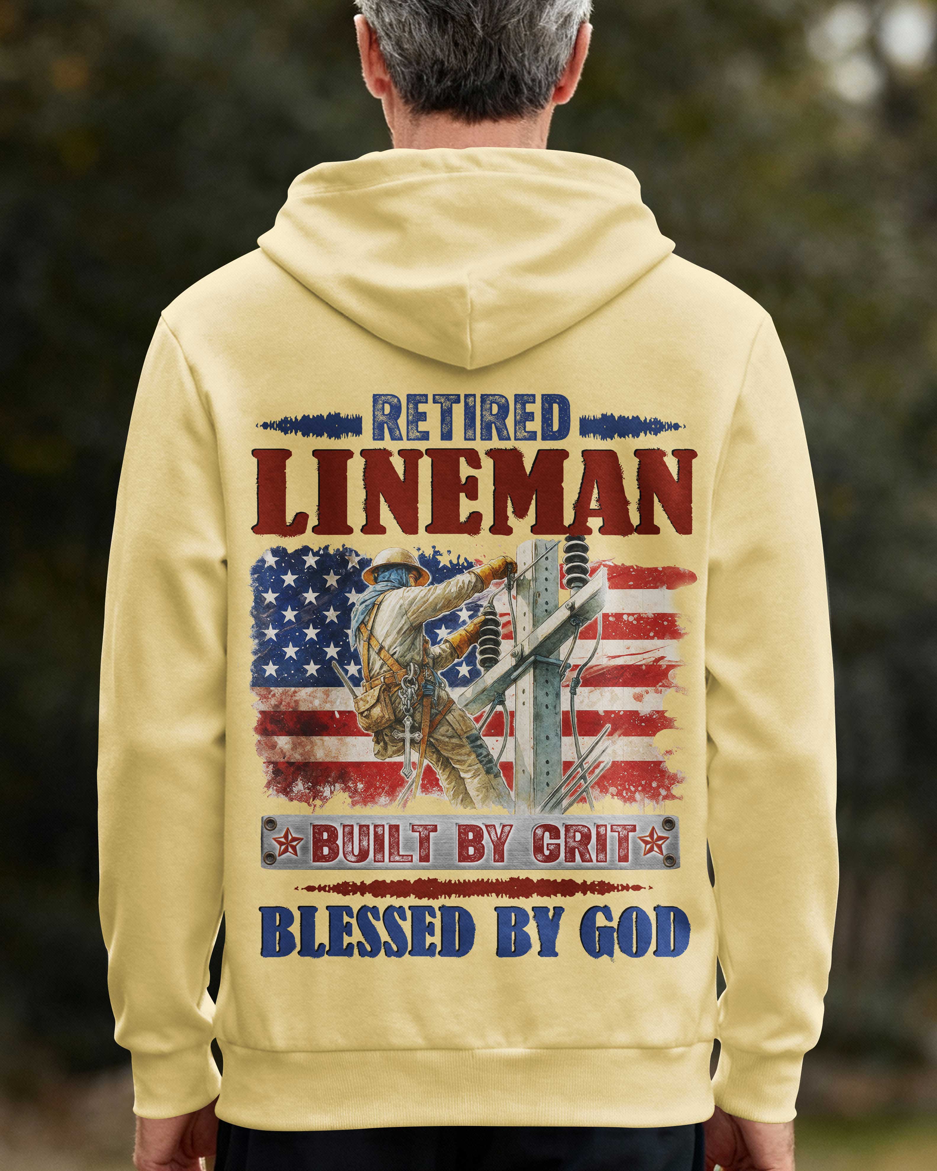 Retired Lineman Built By Grit Blessed By God Zip Hoodie