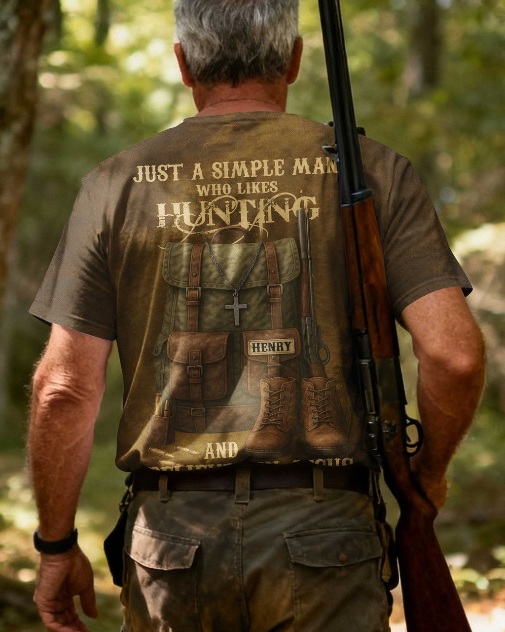 Just A Simple Man Who Likes Hunting And Believes In Jesus Custom Name T-Shirt