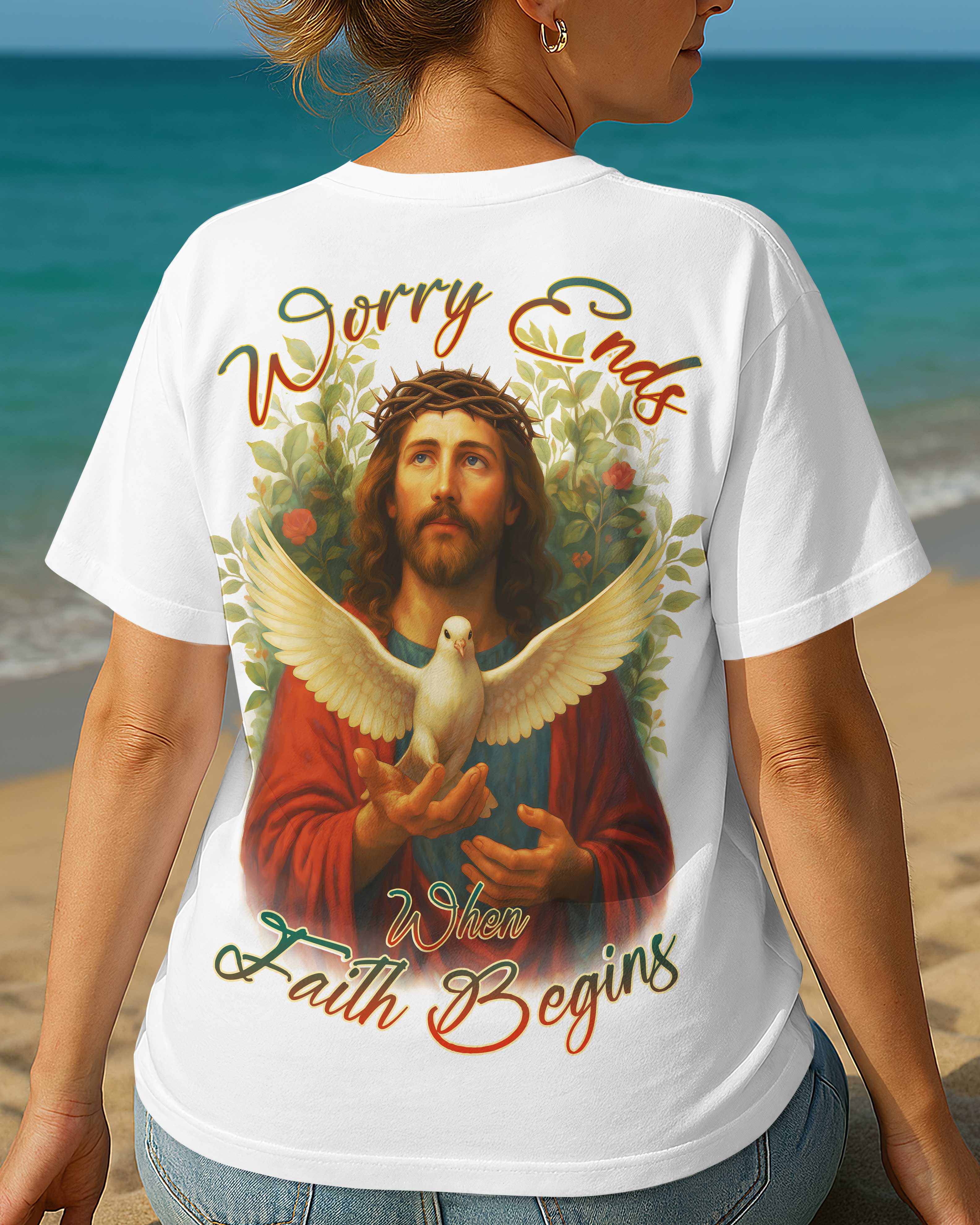 Worry Ends When Faith Begins All Over Print T-Shirt