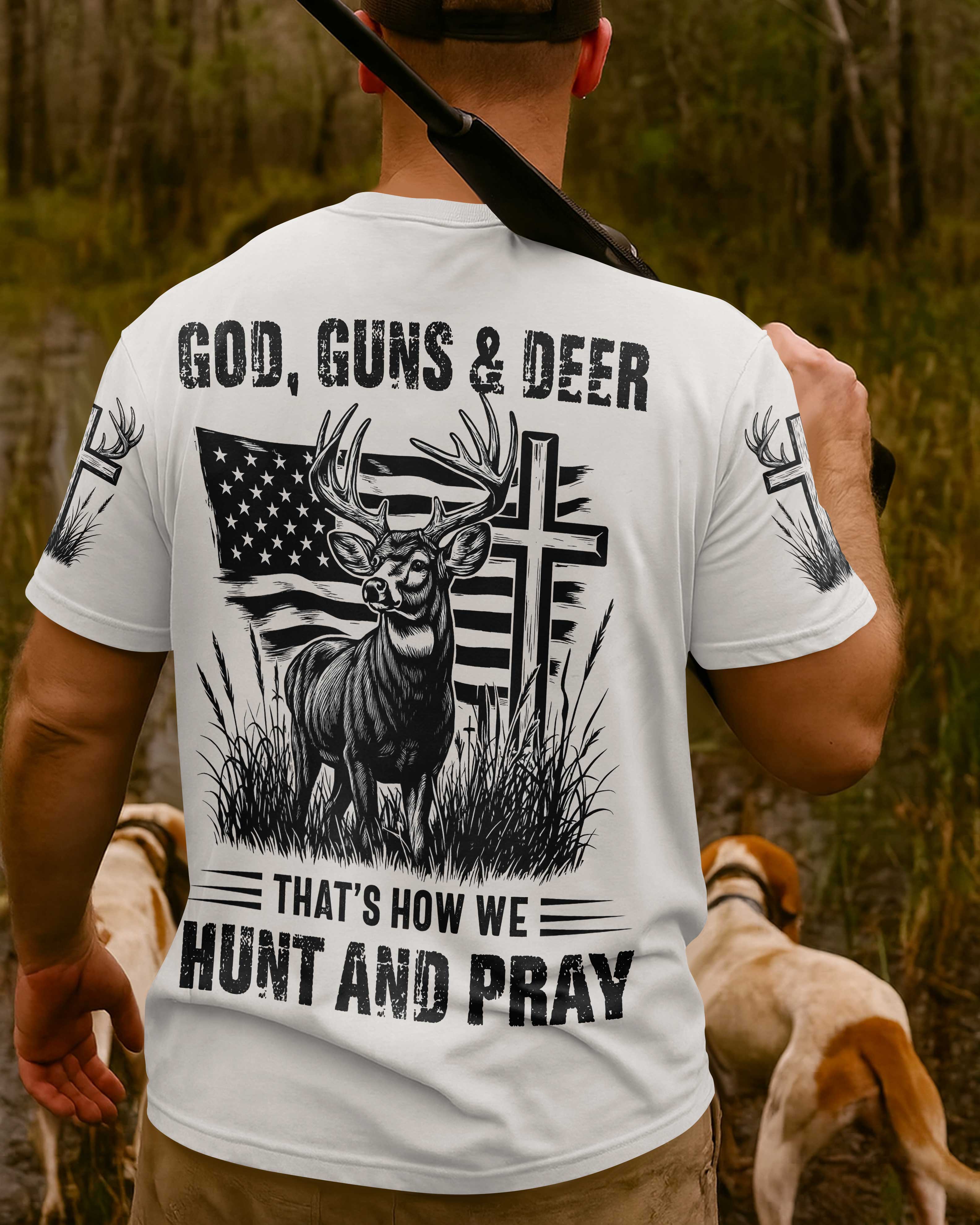 God Guns And Deer That's How We Hunt And Pray All Over Print Custom Name T-Shirt