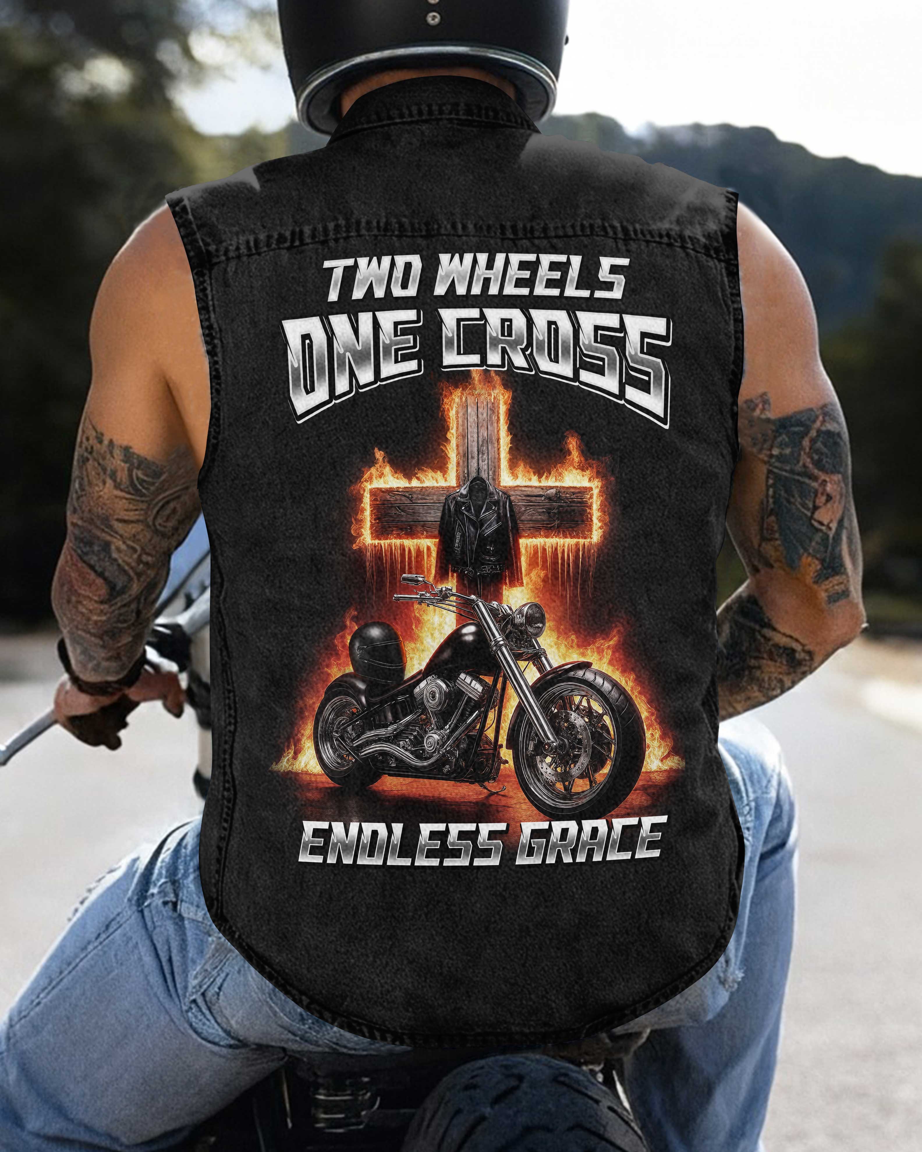 Two Wheels One Cross Sleevesless Denim T-Shirt