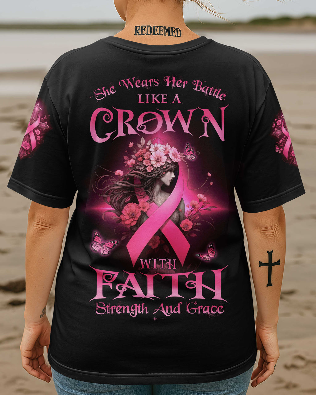 She Wears Her Battle Like A Crown With Faith Strength And Grace All Over Print T-Shirt