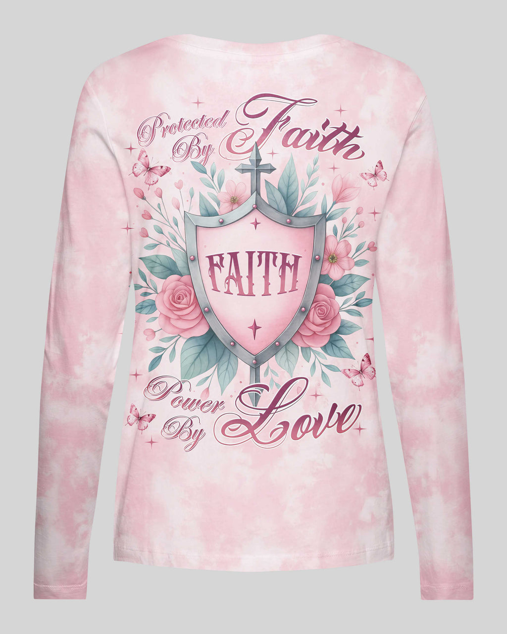 Protected By Faith Power By Love All Over Print V-neck Long Sleeves Shirt