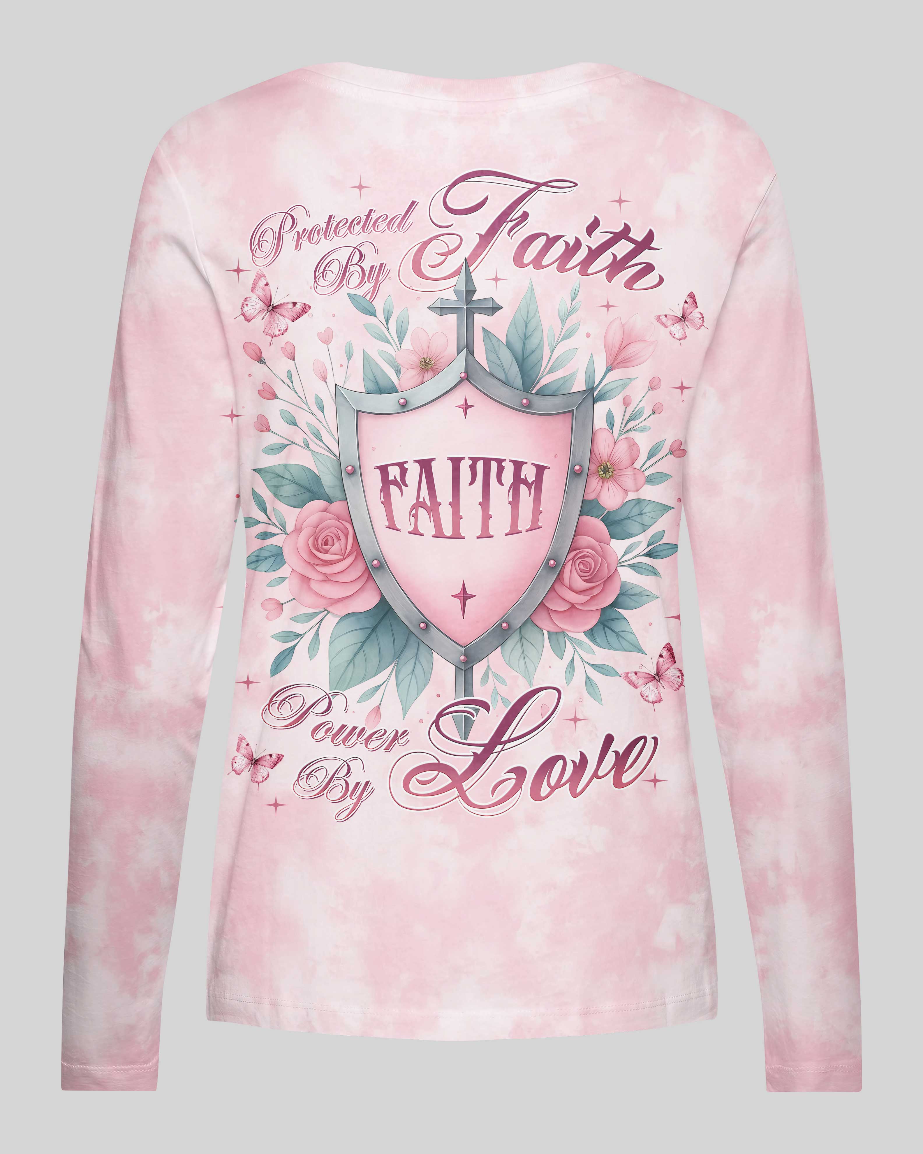 Protected By Faith Power By Love All Over Print V-neck Long Sleeves Shirt
