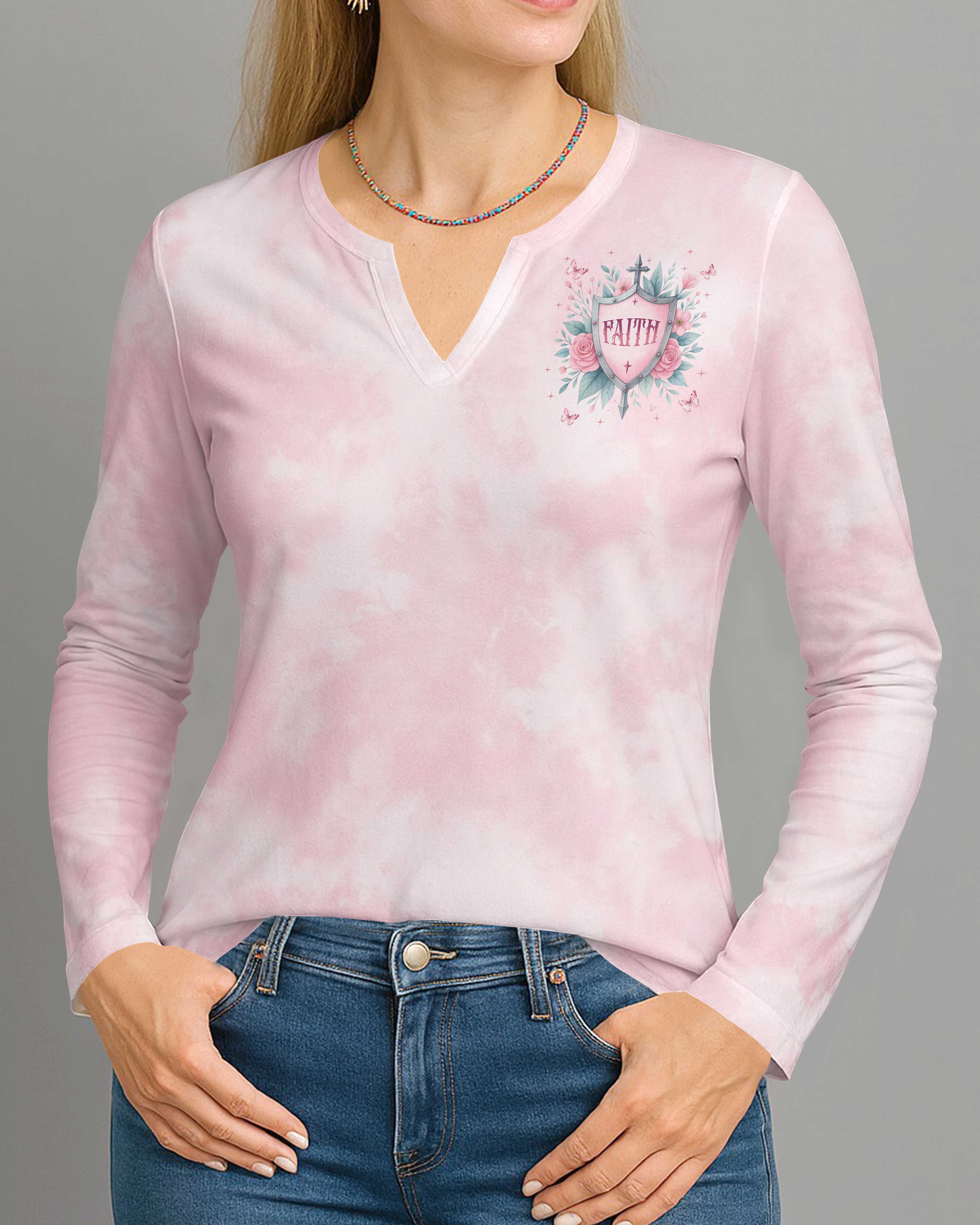 Protected By Faith Power By Love All Over Print V-neck Long Sleeves Shirt