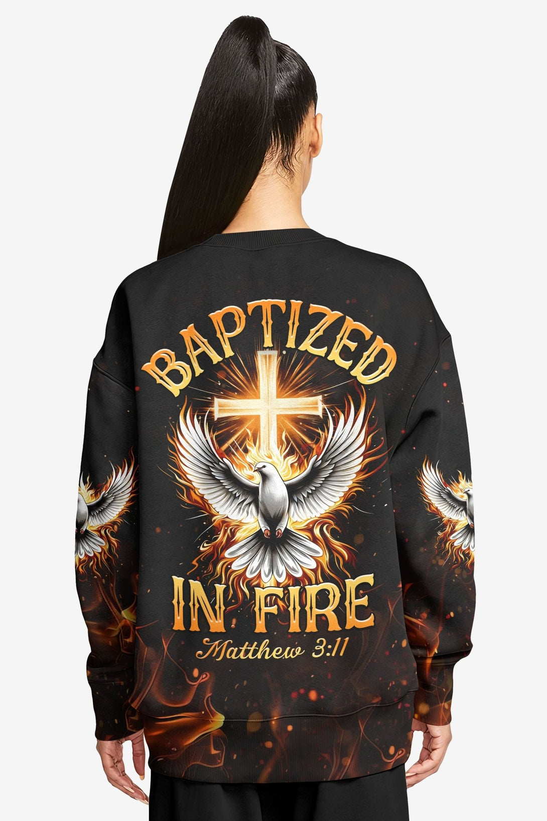 Baptized In Fire Matthew 3:11 All Over Print Sweater - Christ Color