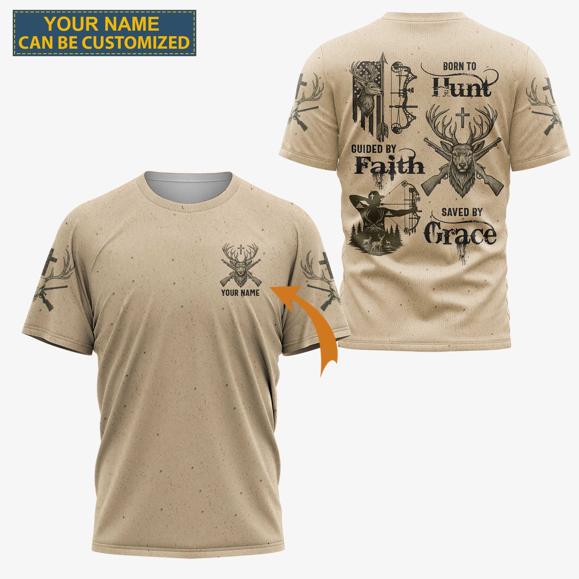 Born To Hunt Guided By Faith Saved By Grace Custom Name T-Shirt