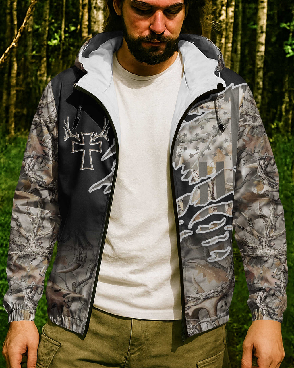 Hunting In My Veins And Jesus In My Heart All Over Print Outdoor Jacket