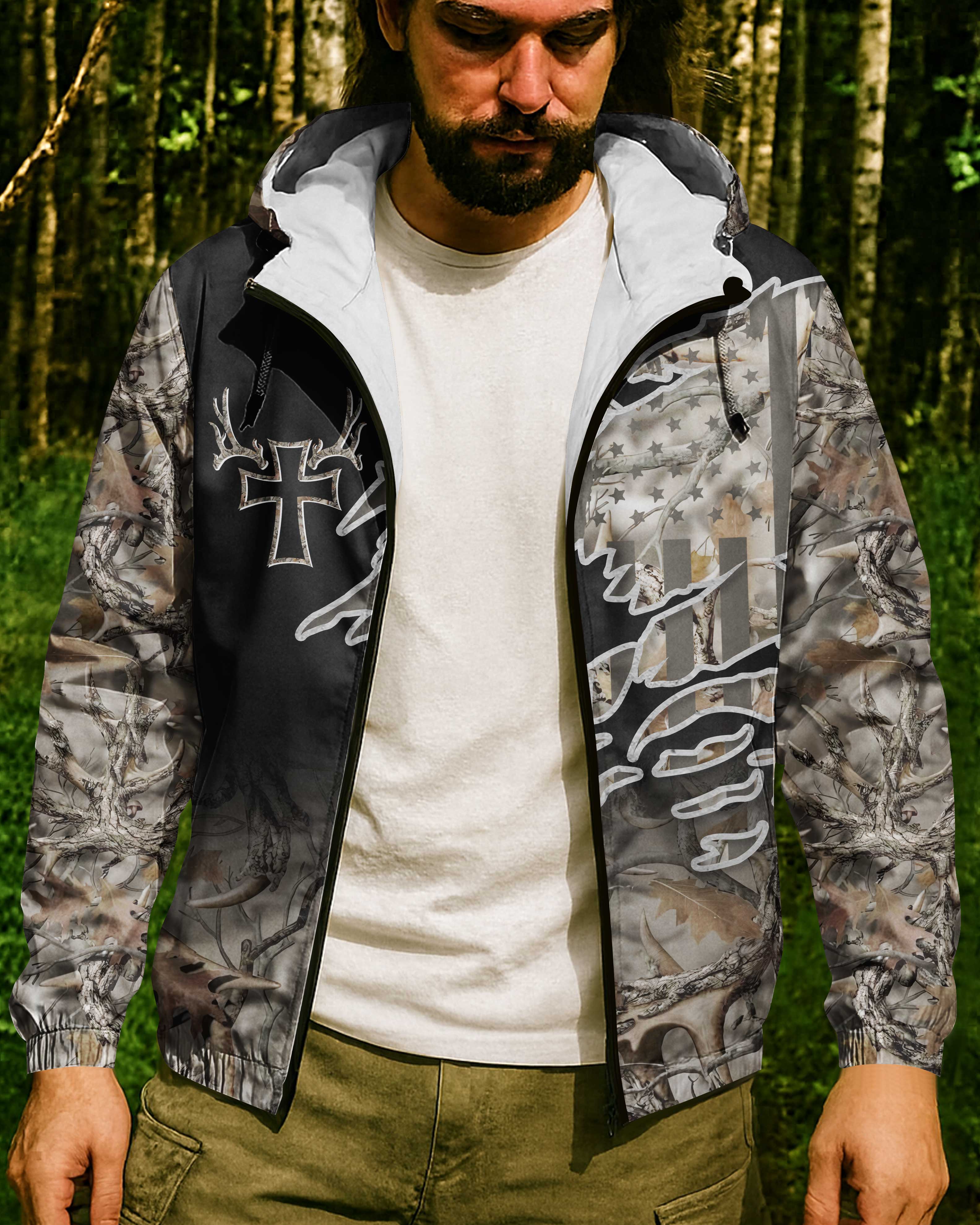 Hunting In My Veins And Jesus In My Heart All Over Print Outdoor Jacket