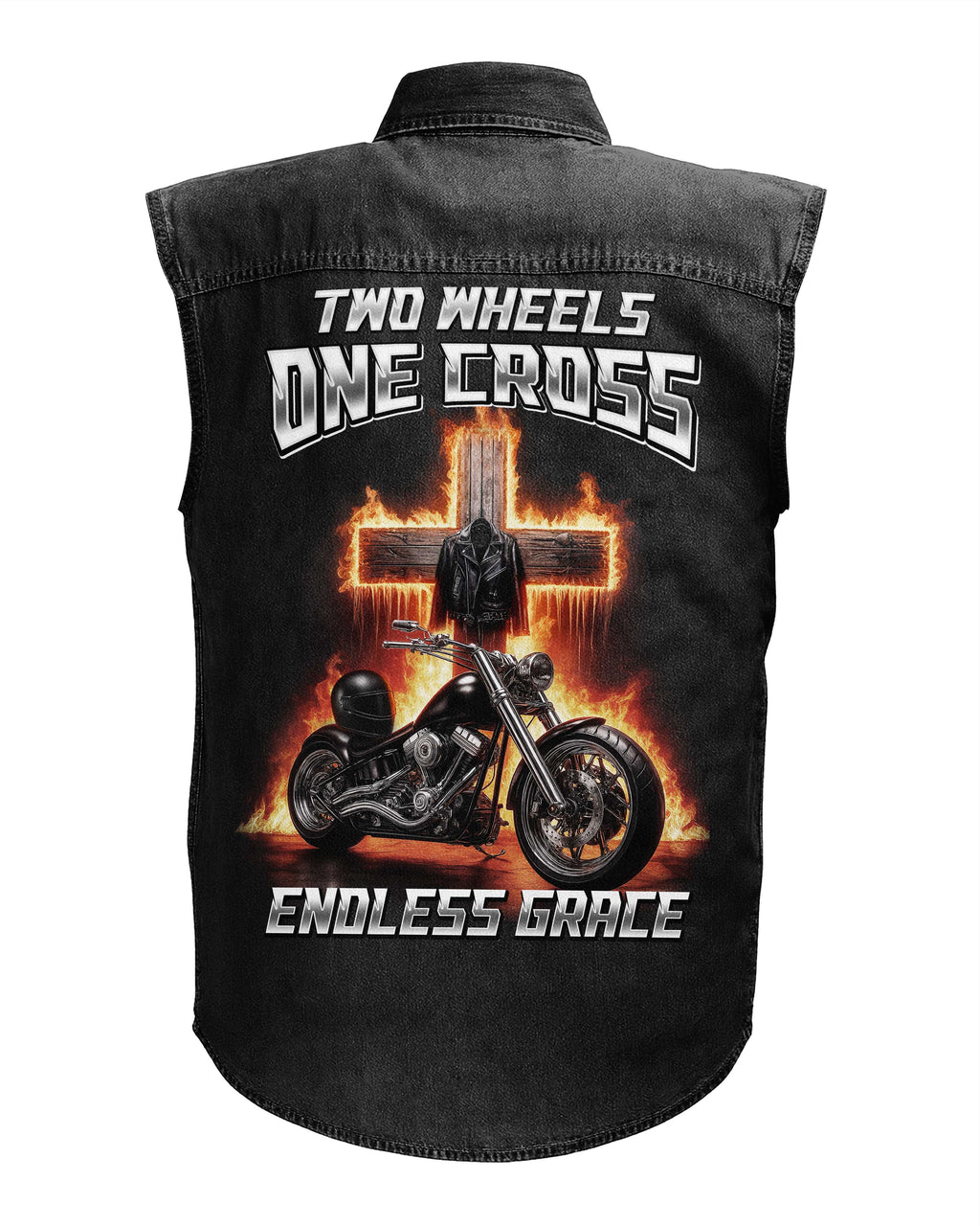 Two Wheels One Cross Sleevesless Denim T-Shirt