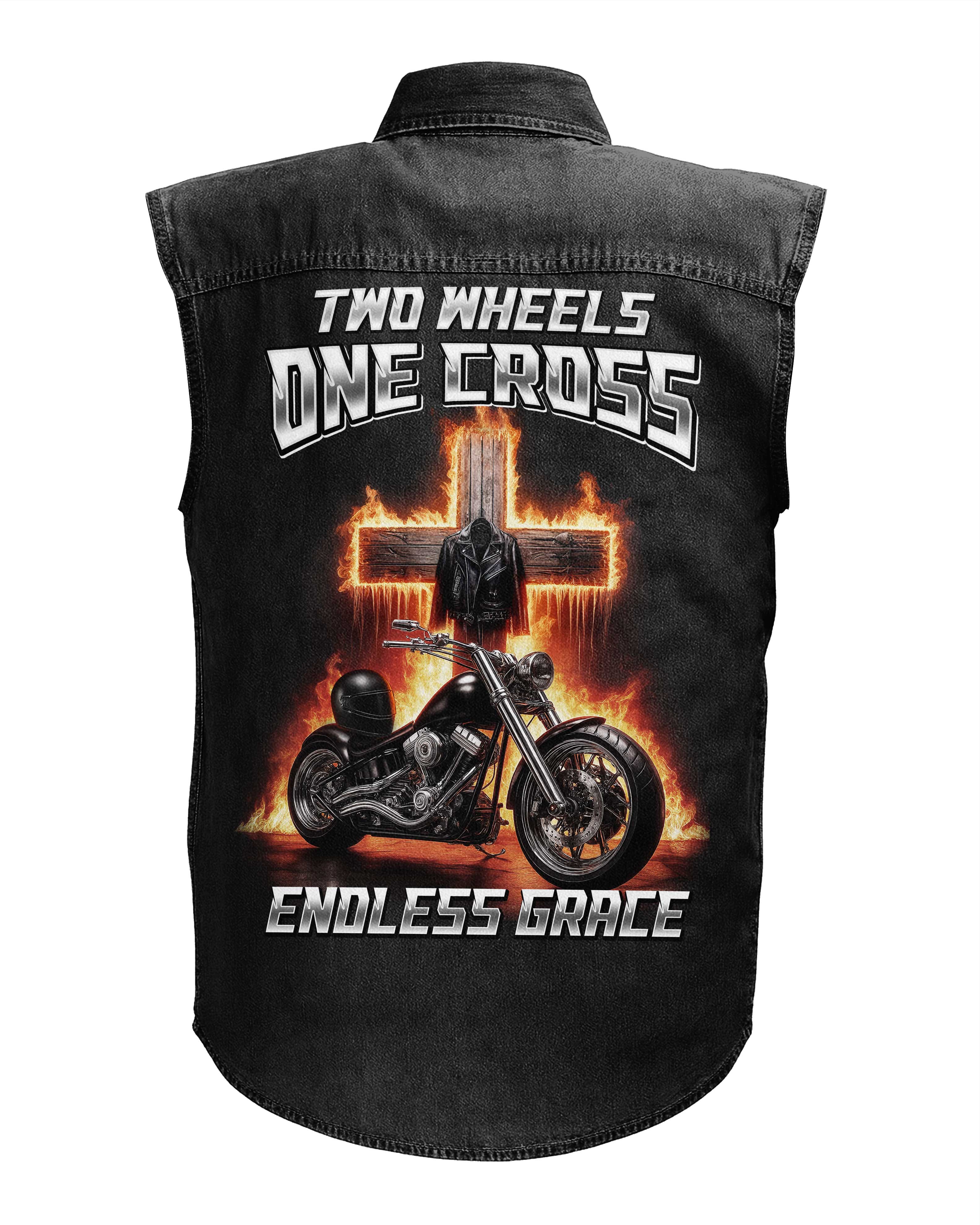 Two Wheels One Cross Sleevesless Denim T-Shirt
