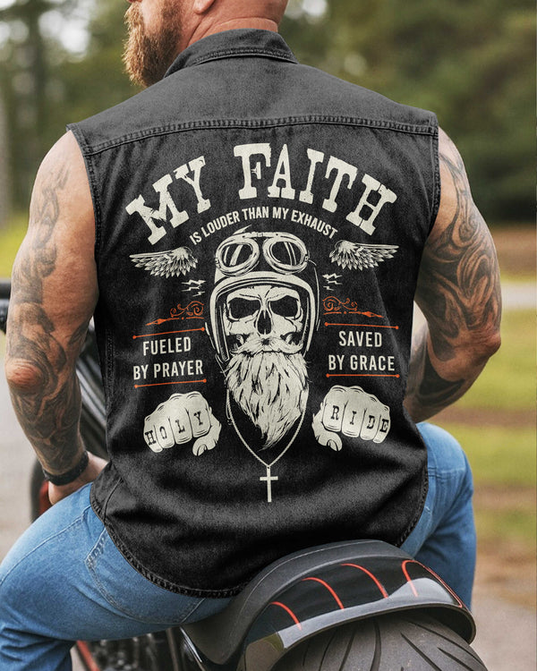 My Faith Is Louder Sleevesless Denim Shirt